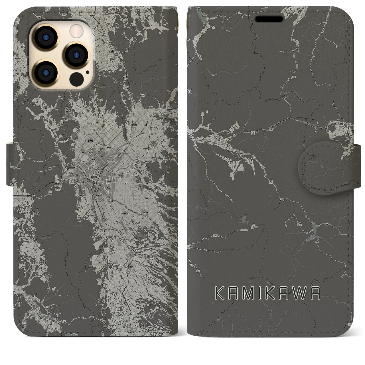 【上川(北海道)】地図柄iPhoneケース(手帳タイプ)モノトーン・iPhone 12 Pro Max 用