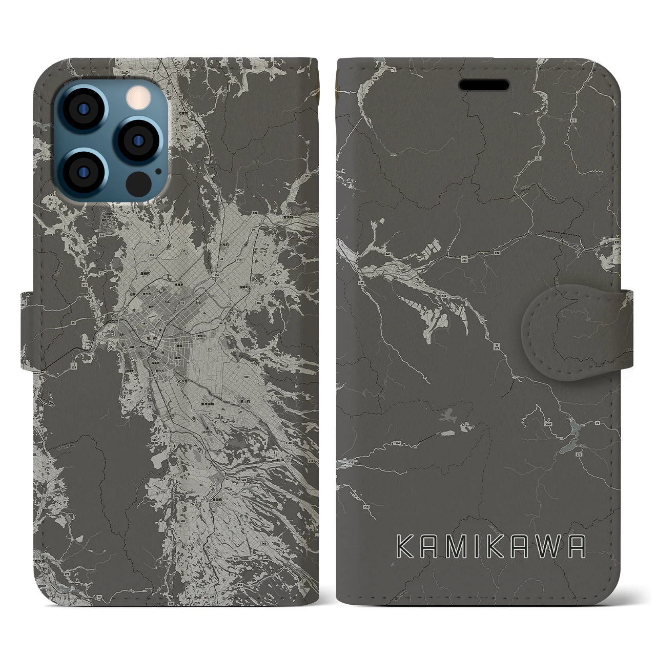 【上川(北海道)】地図柄iPhoneケース(手帳タイプ)モノトーン・iPhone 12 / 12 Pro 用