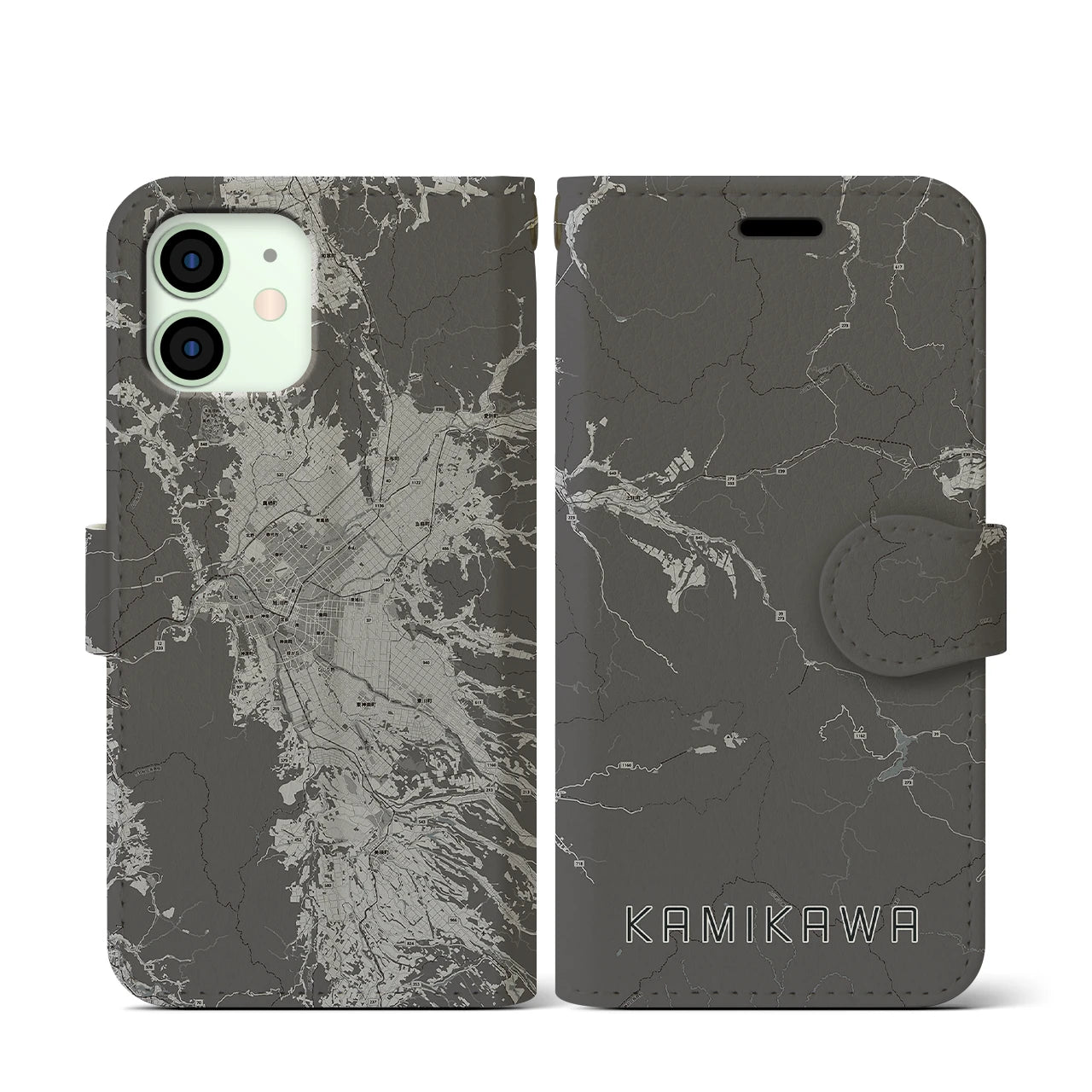 【上川(北海道)】地図柄iPhoneケース(手帳タイプ)モノトーン・iPhone 12 mini 用