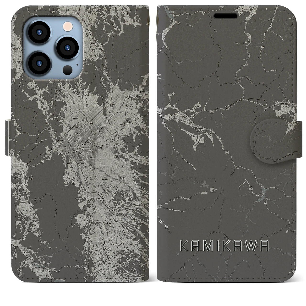 【上川(北海道)】地図柄iPhoneケース(手帳タイプ)モノトーン・iPhone 13 Pro Max 用