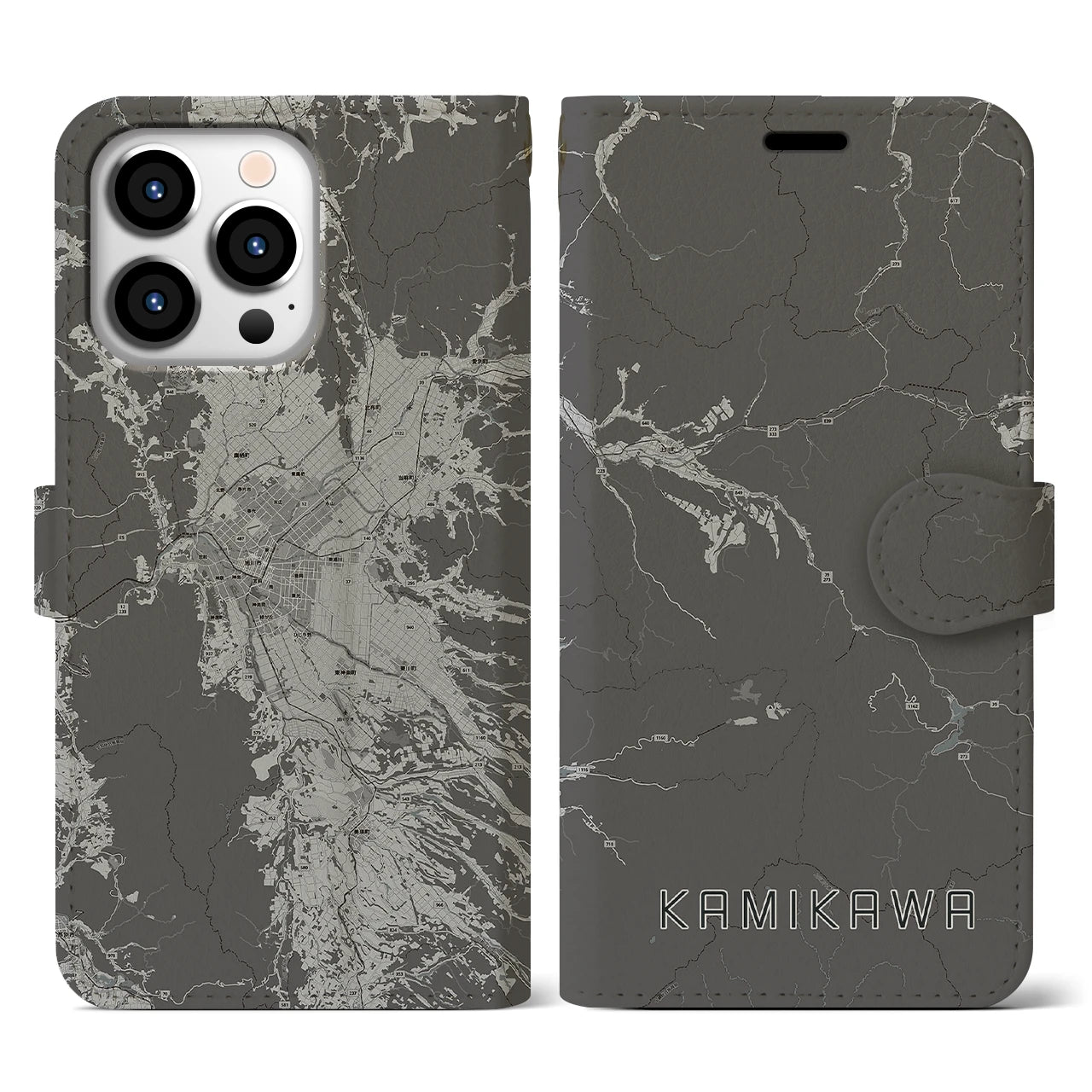 【上川(北海道)】地図柄iPhoneケース(手帳タイプ)モノトーン・iPhone 13 Pro 用