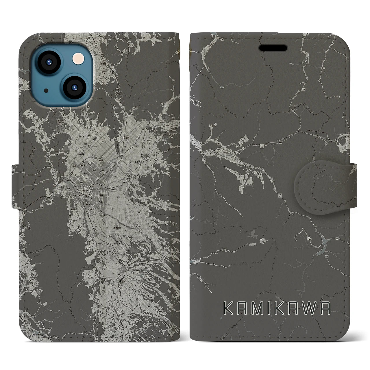 【上川(北海道)】地図柄iPhoneケース(手帳タイプ)モノトーン・iPhone 13 用