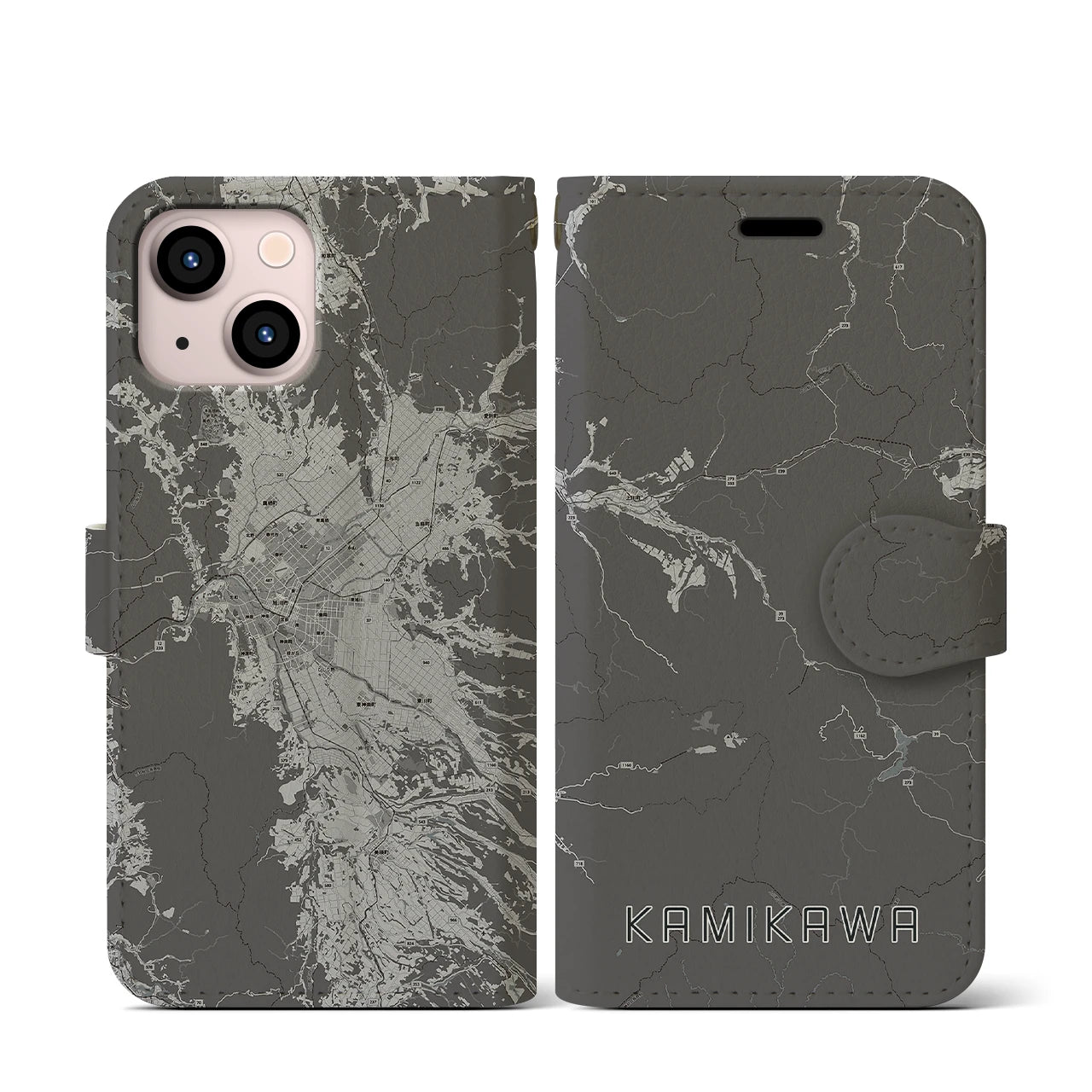 【上川(北海道)】地図柄iPhoneケース(手帳タイプ)モノトーン・iPhone 13 mini 用