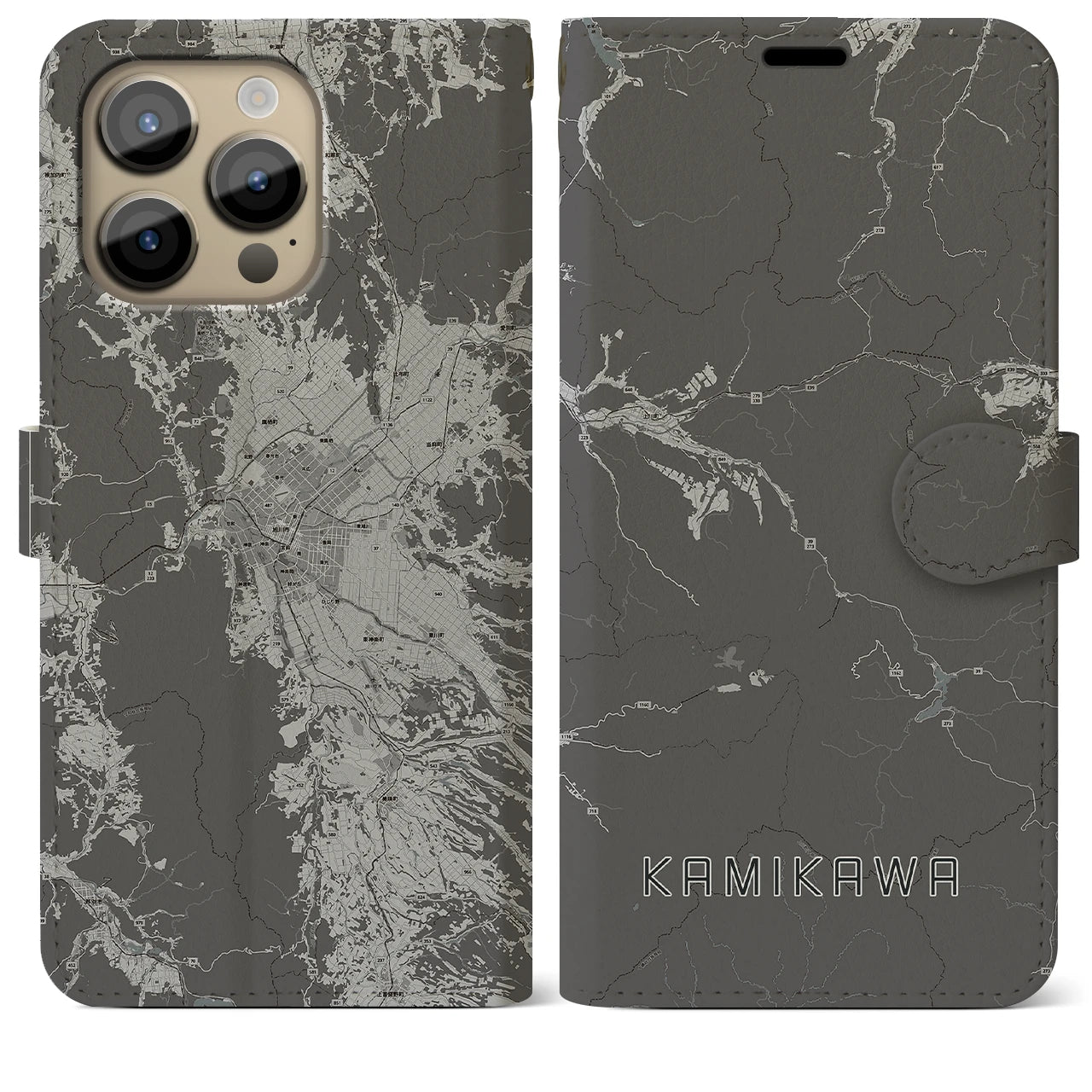 【上川(北海道)】地図柄iPhoneケース(手帳タイプ)モノトーン・iPhone 14 Pro Max 用