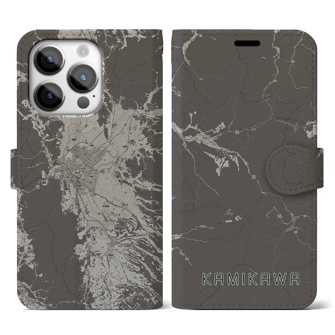 【上川(北海道)】地図柄iPhoneケース(手帳タイプ)モノトーン・iPhone 14 Pro 用