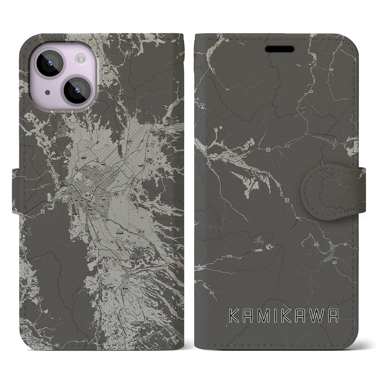 【上川(北海道)】地図柄iPhoneケース(手帳タイプ)モノトーン・iPhone 14 用