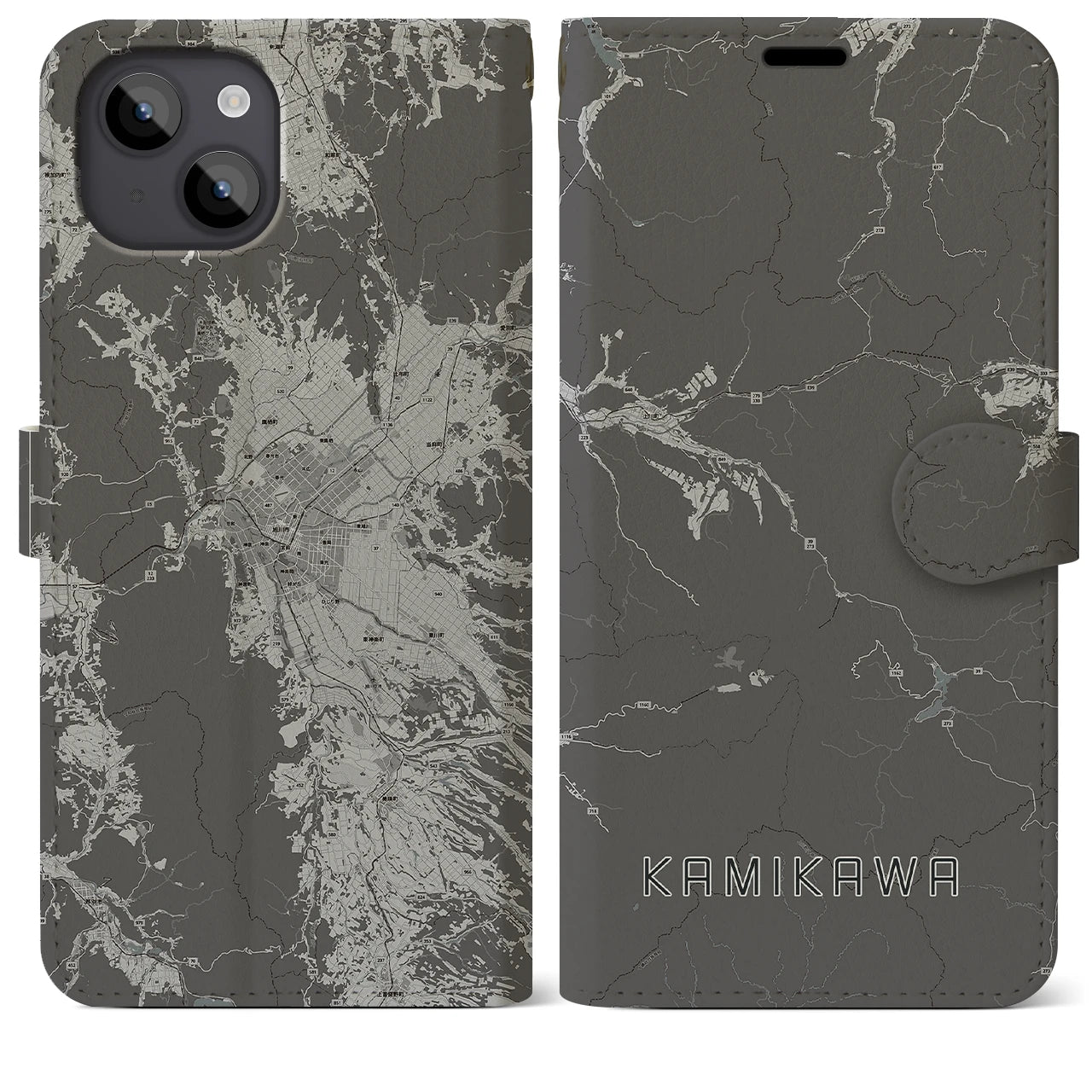 【上川(北海道)】地図柄iPhoneケース(手帳タイプ)モノトーン・iPhone 14 Plus 用