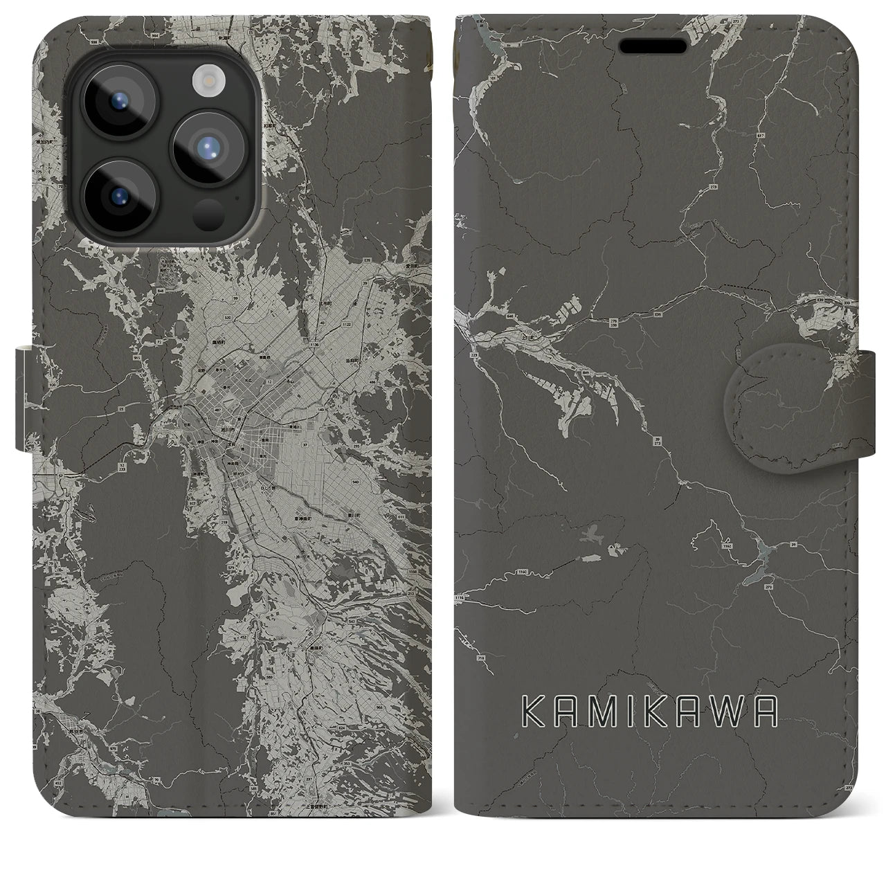 【上川(北海道)】地図柄iPhoneケース(手帳タイプ)モノトーン・iPhone 15 Pro Max 用