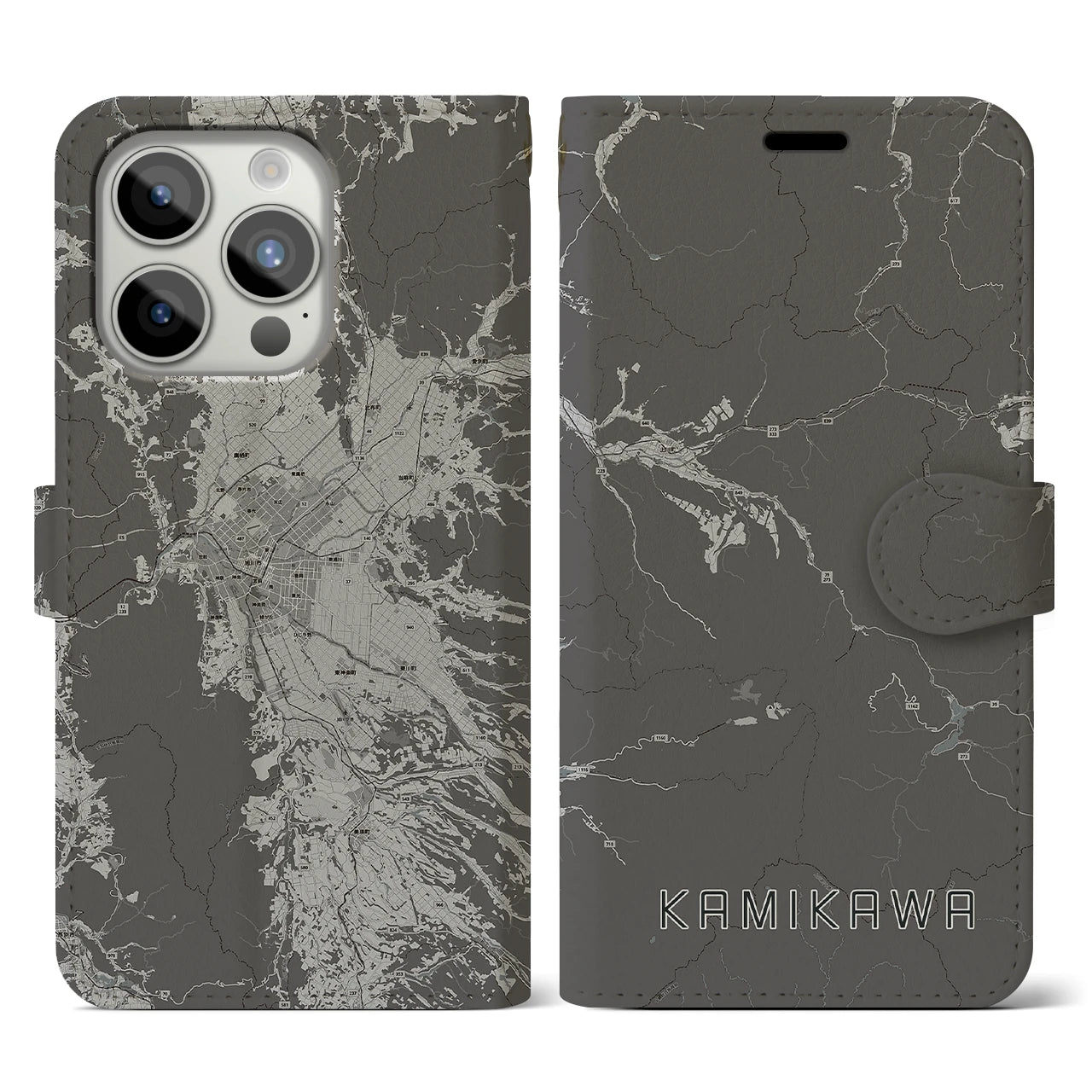 【上川(北海道)】地図柄iPhoneケース(手帳タイプ)モノトーン・iPhone 15 Pro 用