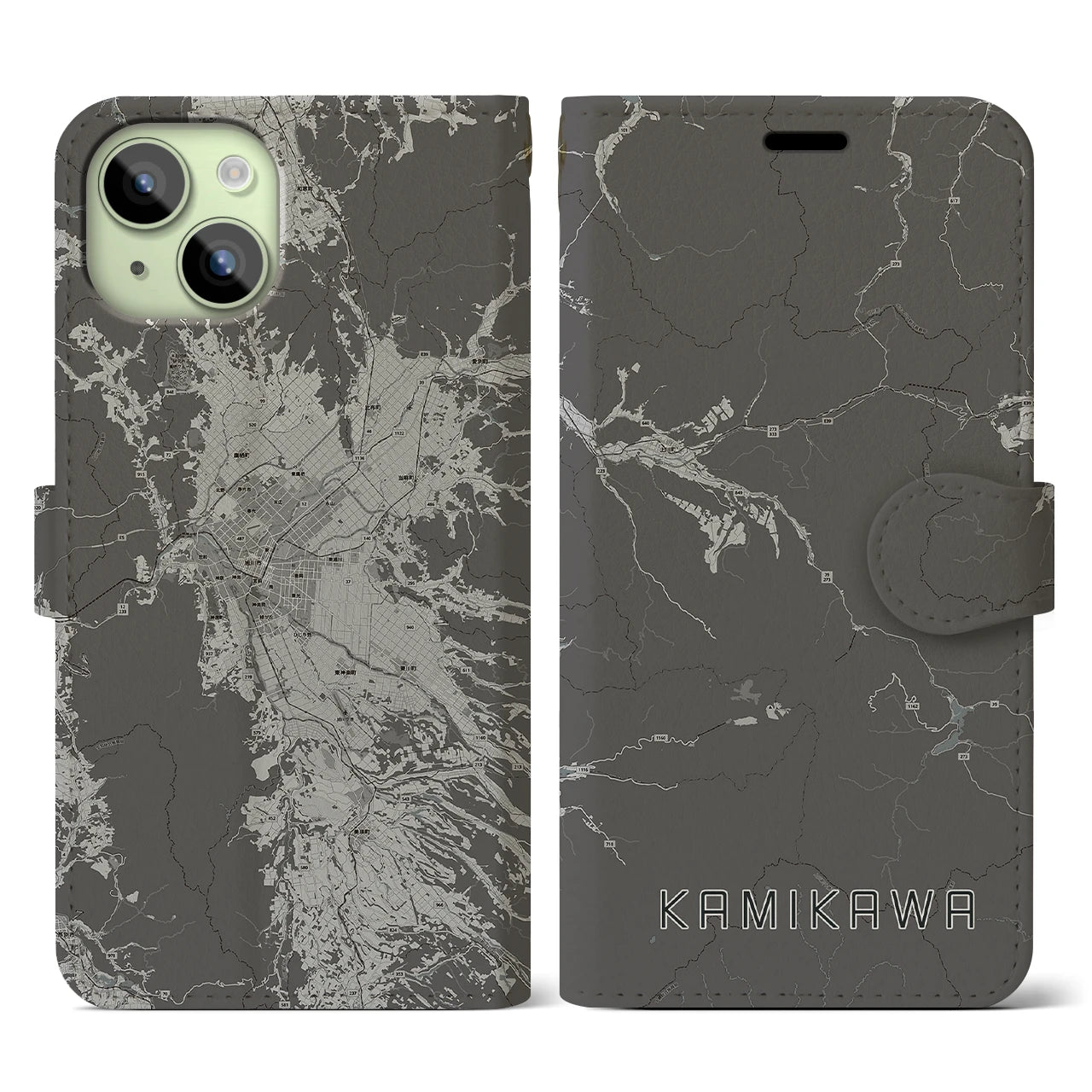 【上川(北海道)】地図柄iPhoneケース(手帳タイプ)モノトーン・iPhone 15 用