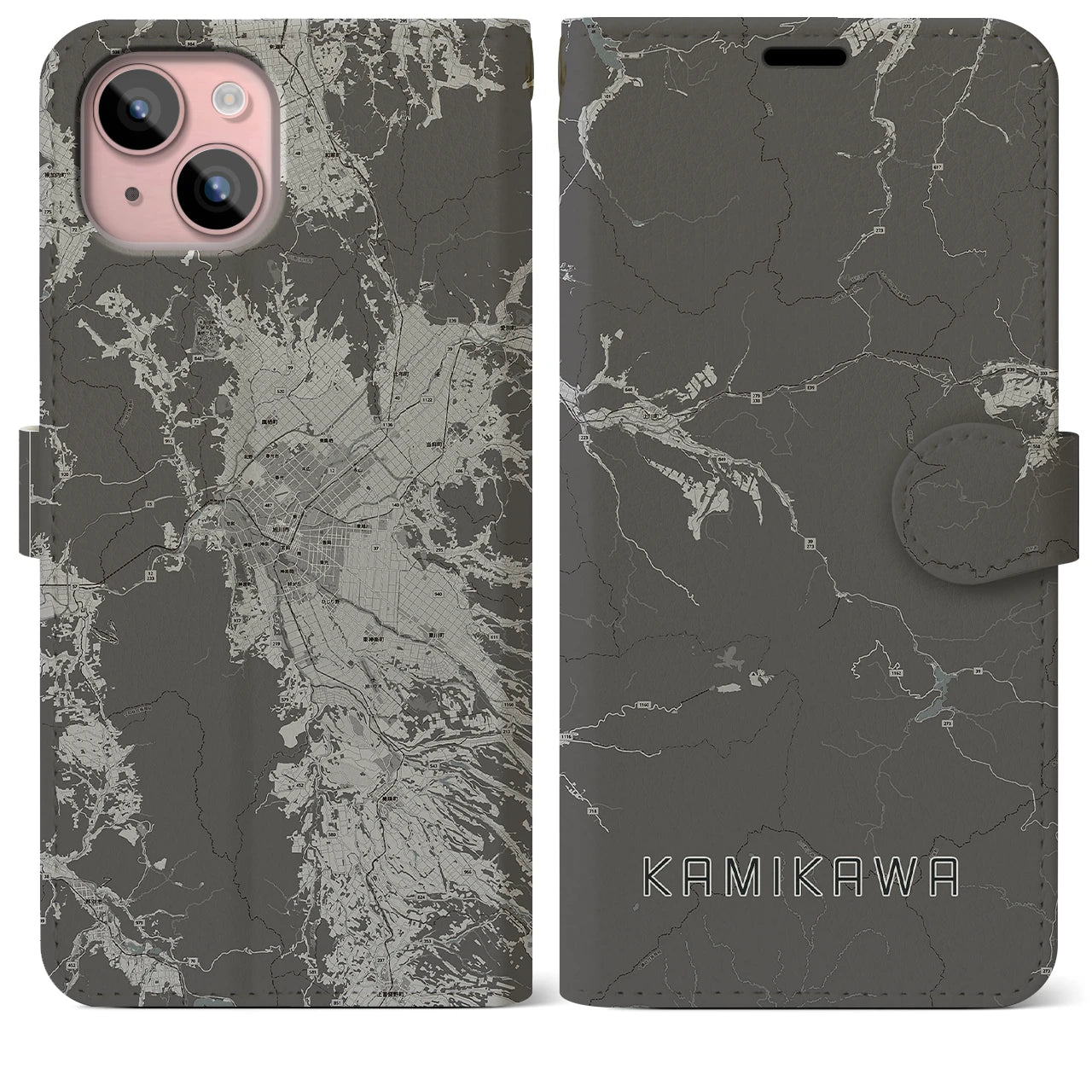 【上川(北海道)】地図柄iPhoneケース(手帳タイプ)モノトーン・iPhone 15 Plus 用