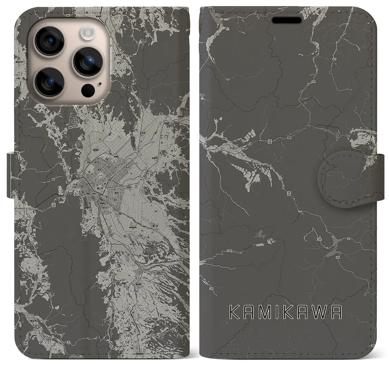 【上川(北海道)】地図柄iPhoneケース(手帳タイプ)モノトーン・iPhone 16 Plus 用