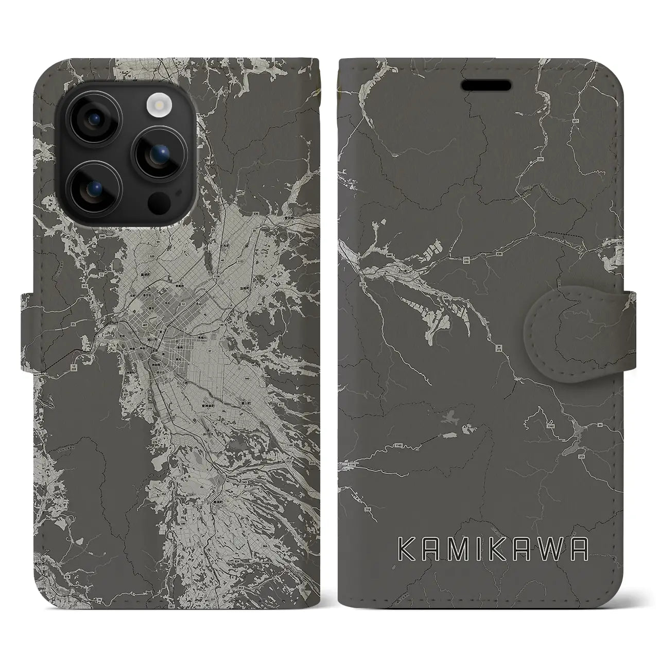 【上川(北海道)】地図柄iPhoneケース(手帳タイプ)モノトーン・iPhone 16 用