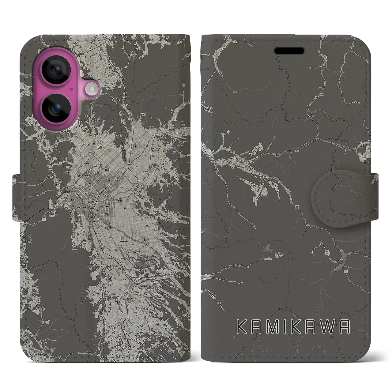 【上川(北海道)】地図柄iPhoneケース(手帳タイプ)モノトーン・iPhone 16 Pro 用