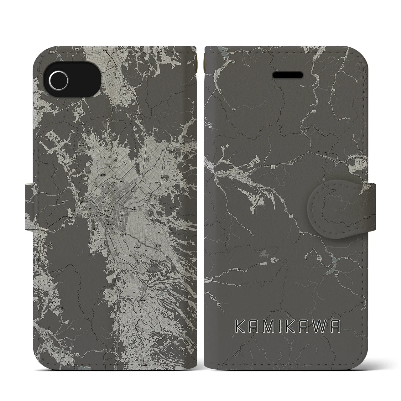 【上川(北海道)】地図柄iPhoneケース(手帳タイプ)モノトーン・iPhone SE(第3 / 第2世代) / 8 / 7 / 6s / 6 用