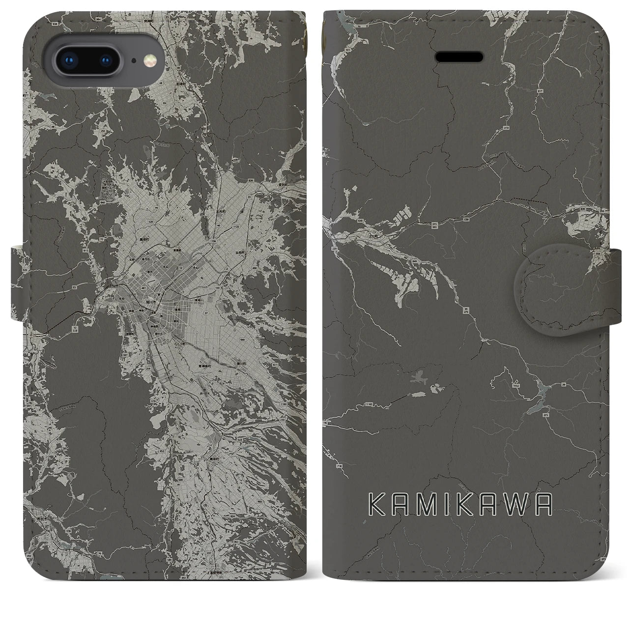 【上川(北海道)】地図柄iPhoneケース(手帳タイプ)モノトーン・iPhone 8Plus /7Plus / 6sPlus / 6Plus 用