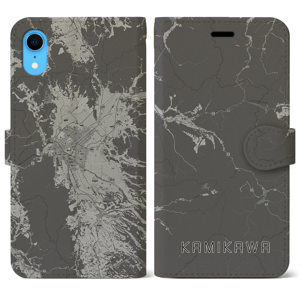 【上川(北海道)】地図柄iPhoneケース(手帳タイプ)モノトーン・iPhone XR 用