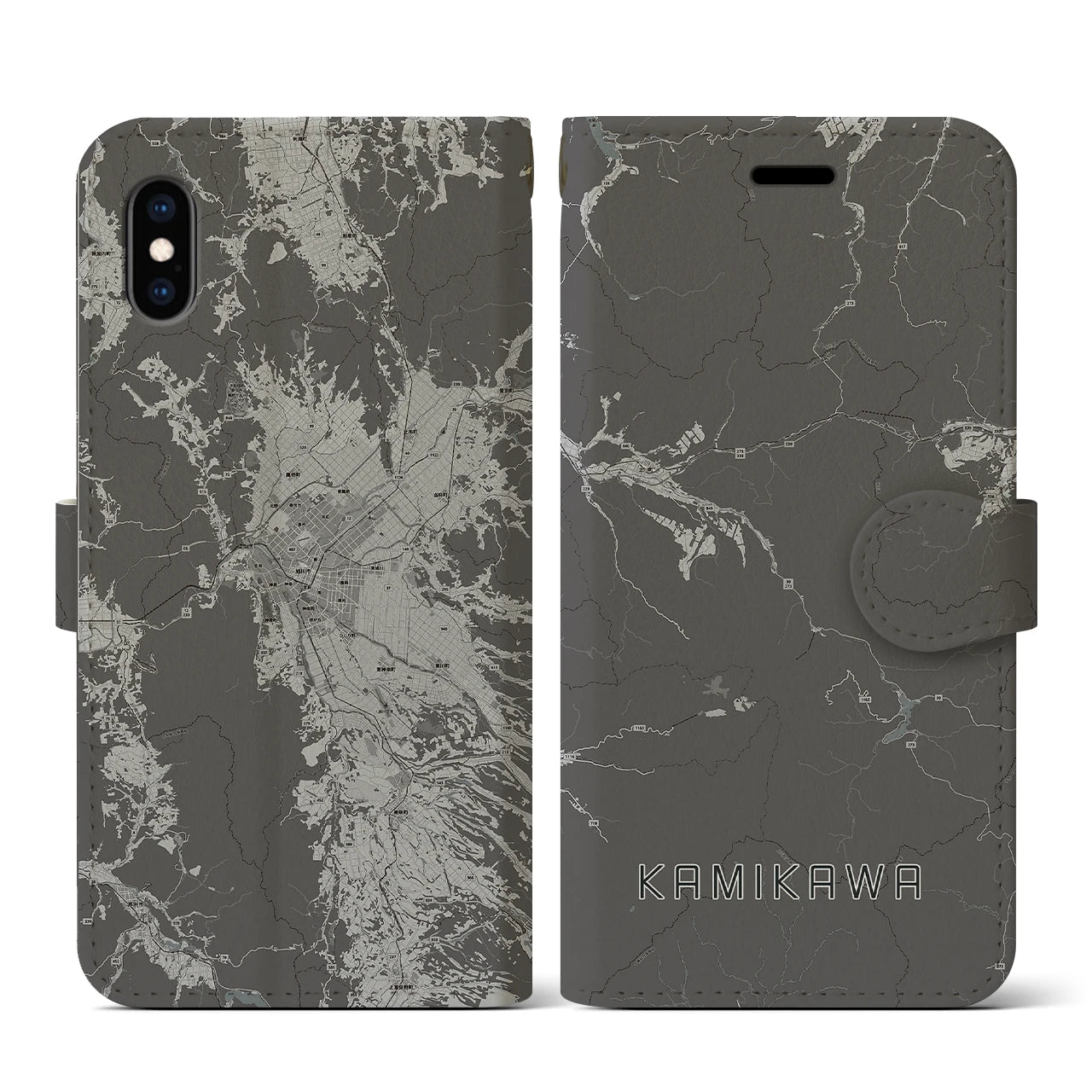 【上川(北海道)】地図柄iPhoneケース(手帳タイプ)モノトーン・iPhone XS / X 用