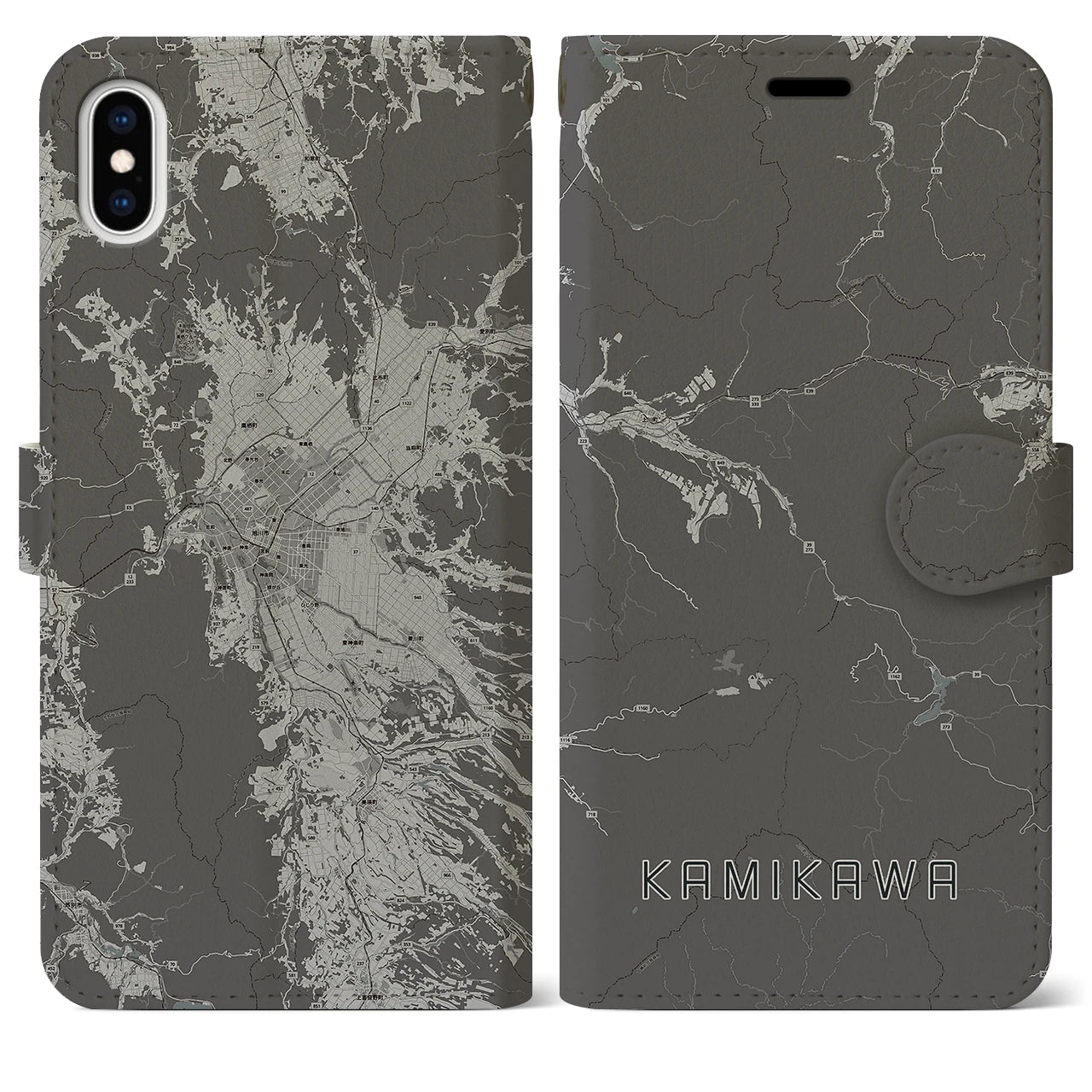 【上川(北海道)】地図柄iPhoneケース(手帳タイプ)モノトーン・iPhone XS Max 用