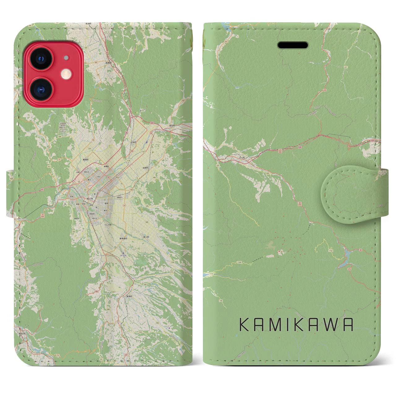 【上川(北海道)】地図柄iPhoneケース(手帳タイプ)ナチュラル・iPhone 11 用