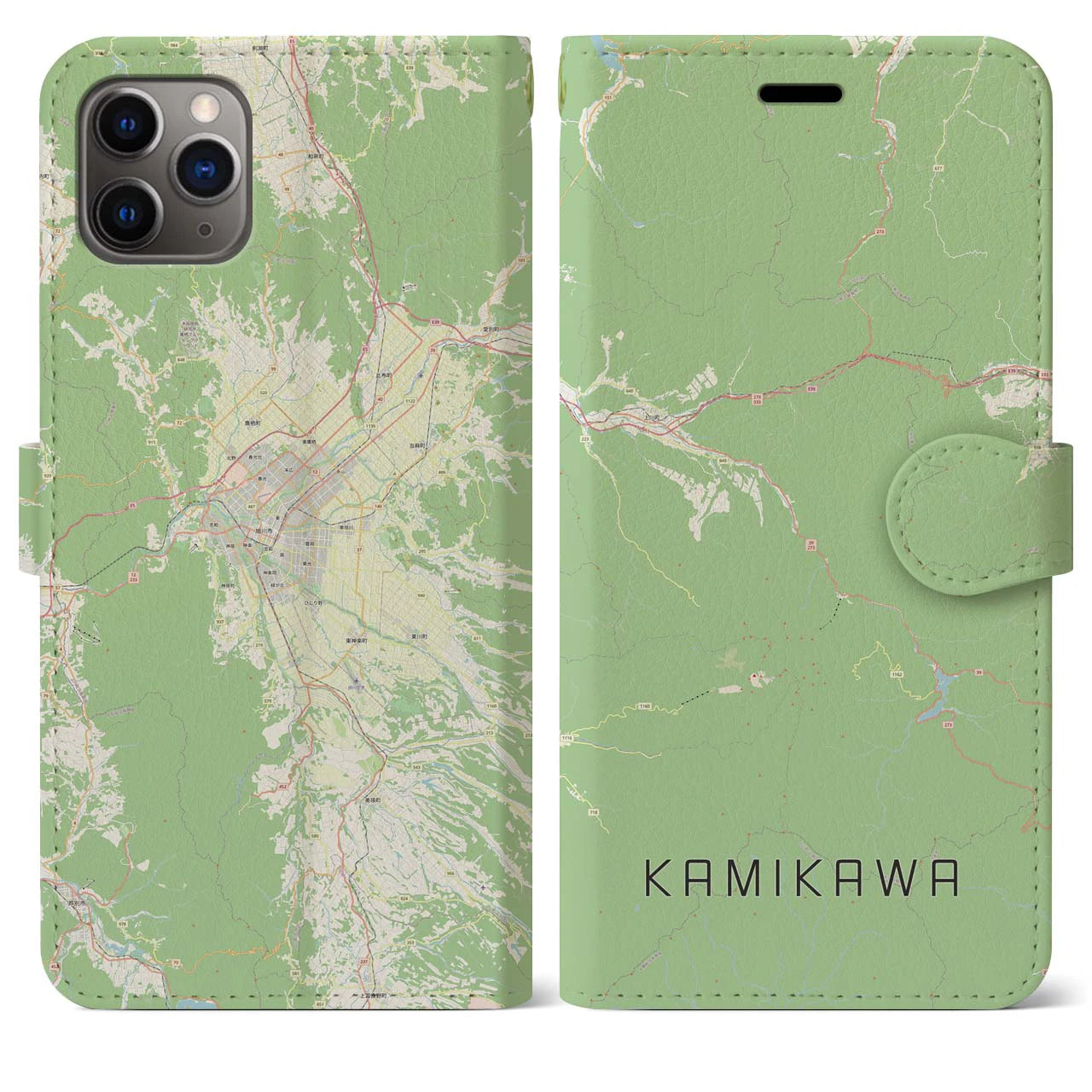 【上川(北海道)】地図柄iPhoneケース(手帳タイプ)ナチュラル・iPhone 11 Pro Max 用