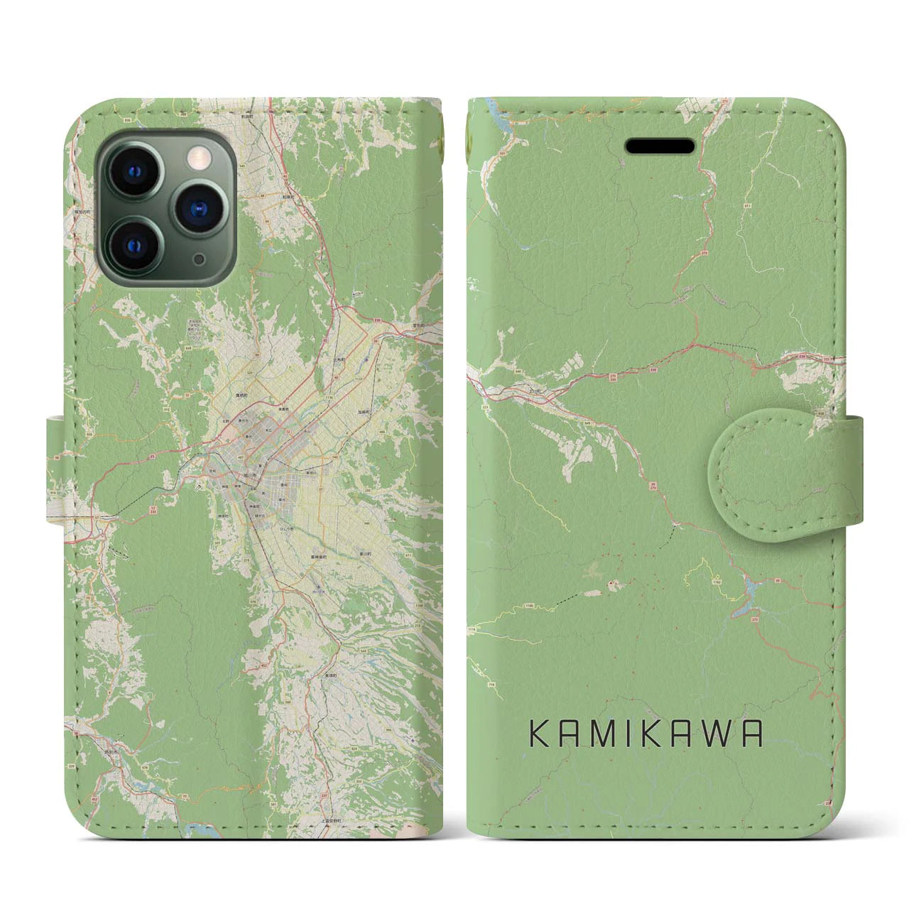 【上川(北海道)】地図柄iPhoneケース(手帳タイプ)ナチュラル・iPhone 11 Pro 用