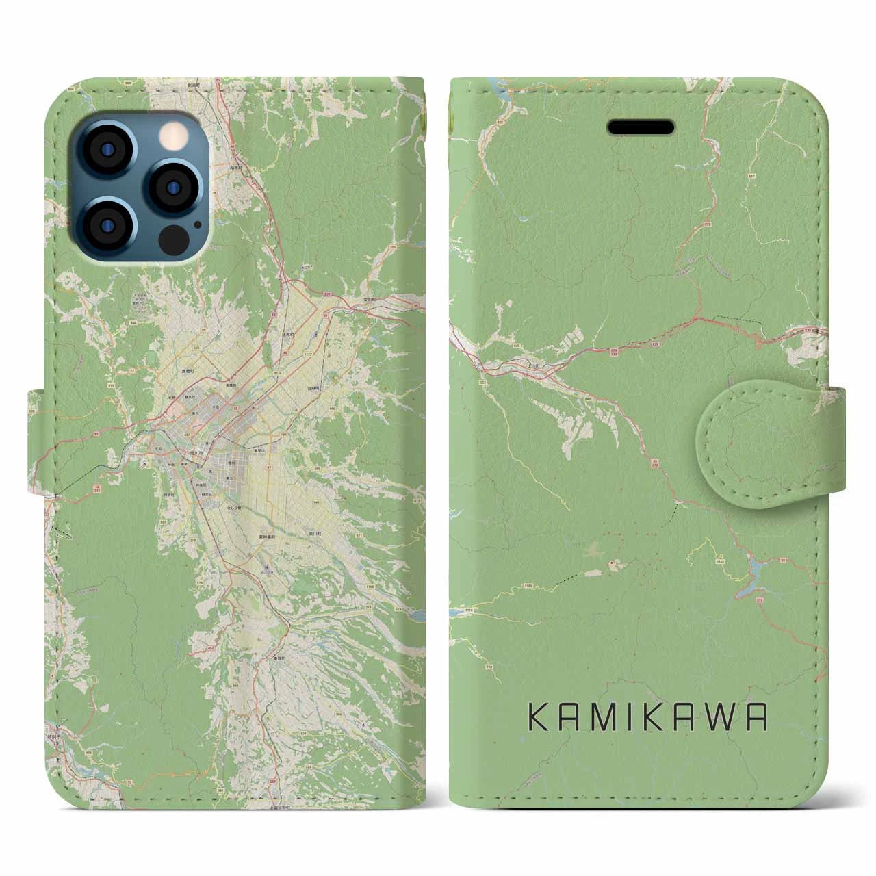 【上川(北海道)】地図柄iPhoneケース(手帳タイプ)ナチュラル・iPhone 12 / 12 Pro 用