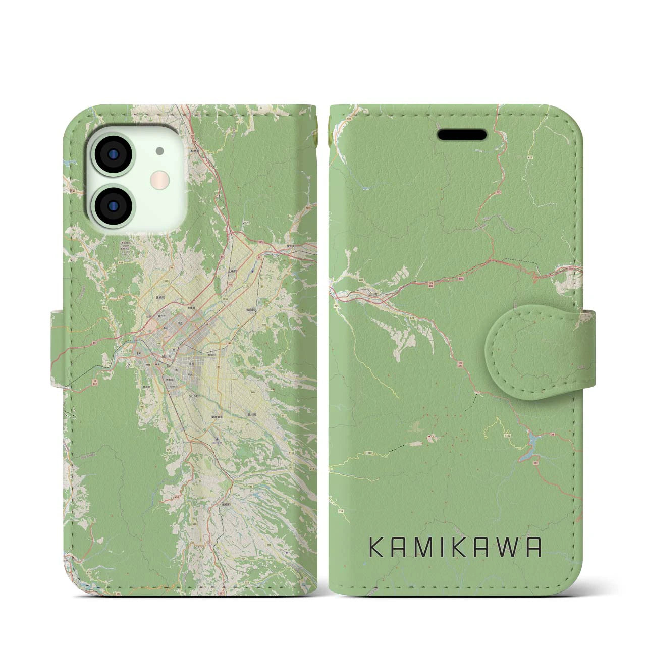 【上川(北海道)】地図柄iPhoneケース(手帳タイプ)ナチュラル・iPhone 12 mini 用