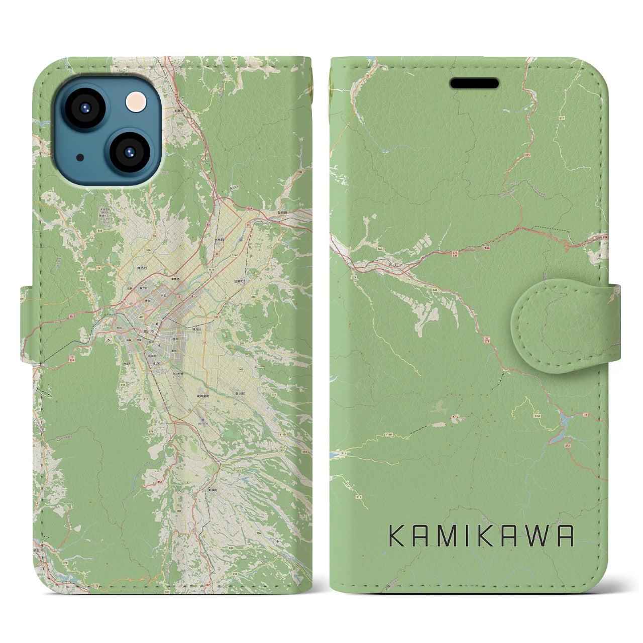 【上川(北海道)】地図柄iPhoneケース(手帳タイプ)ナチュラル・iPhone 13 用