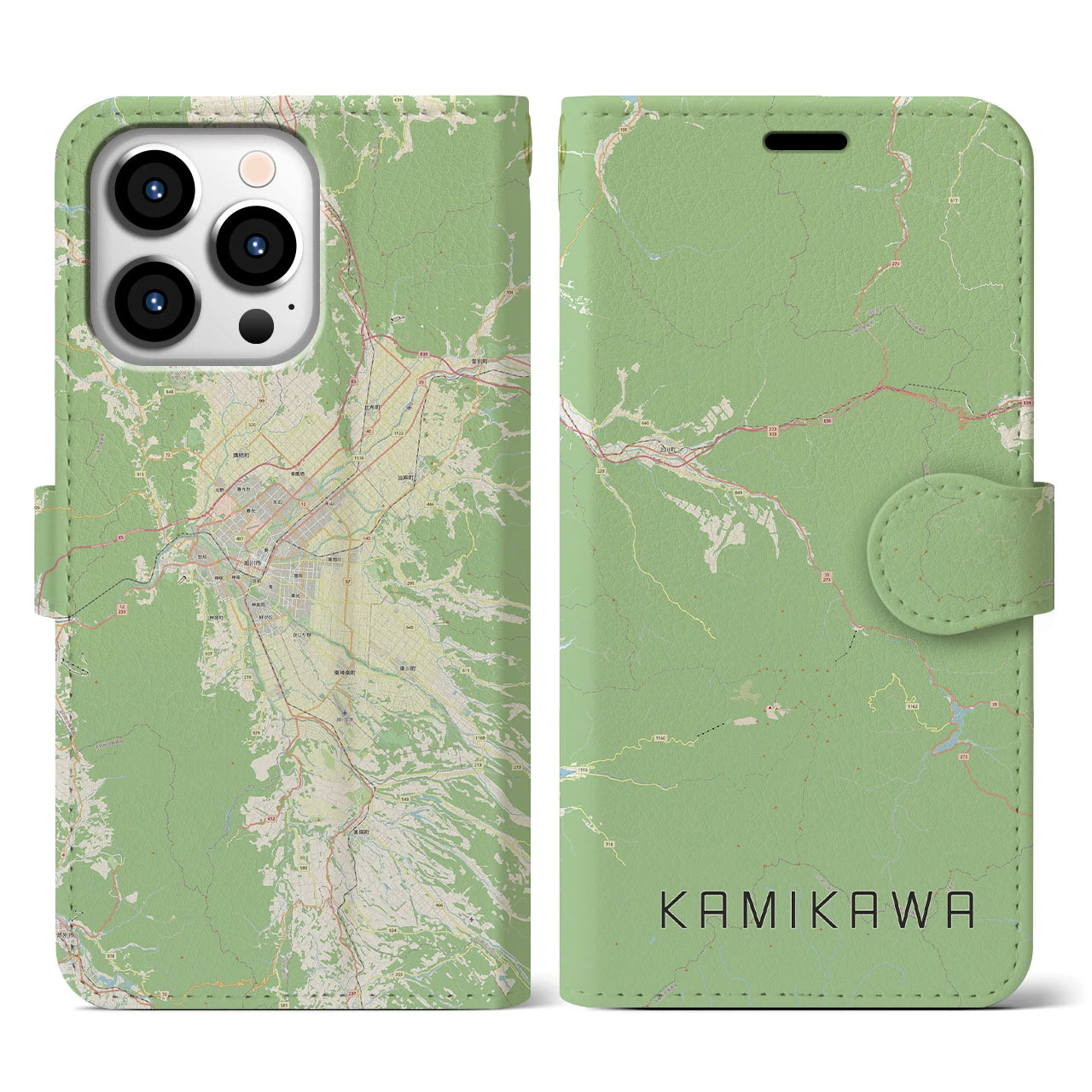 【上川(北海道)】地図柄iPhoneケース(手帳タイプ)ナチュラル・iPhone 13 Pro 用