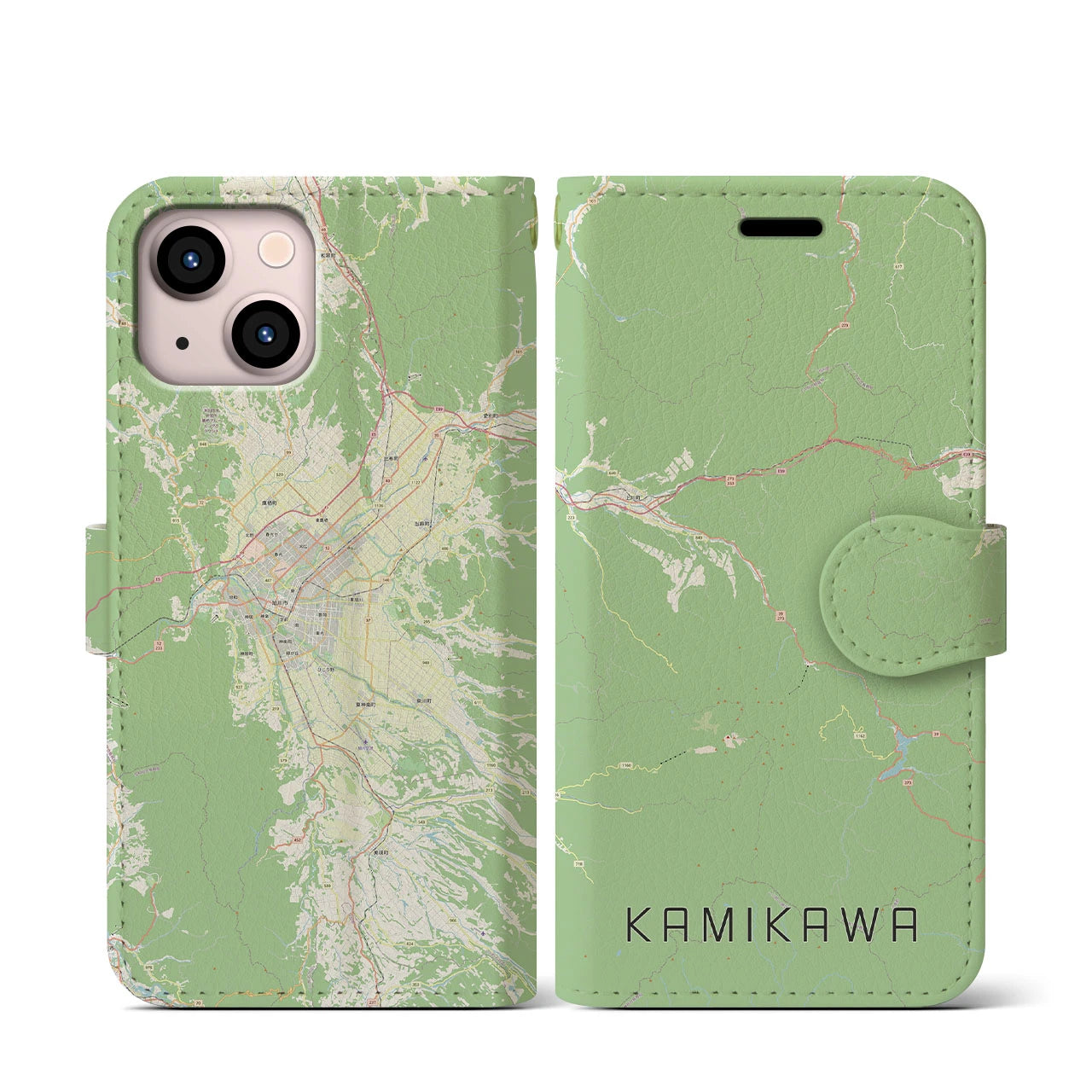 【上川(北海道)】地図柄iPhoneケース(手帳タイプ)ナチュラル・iPhone 13 mini 用