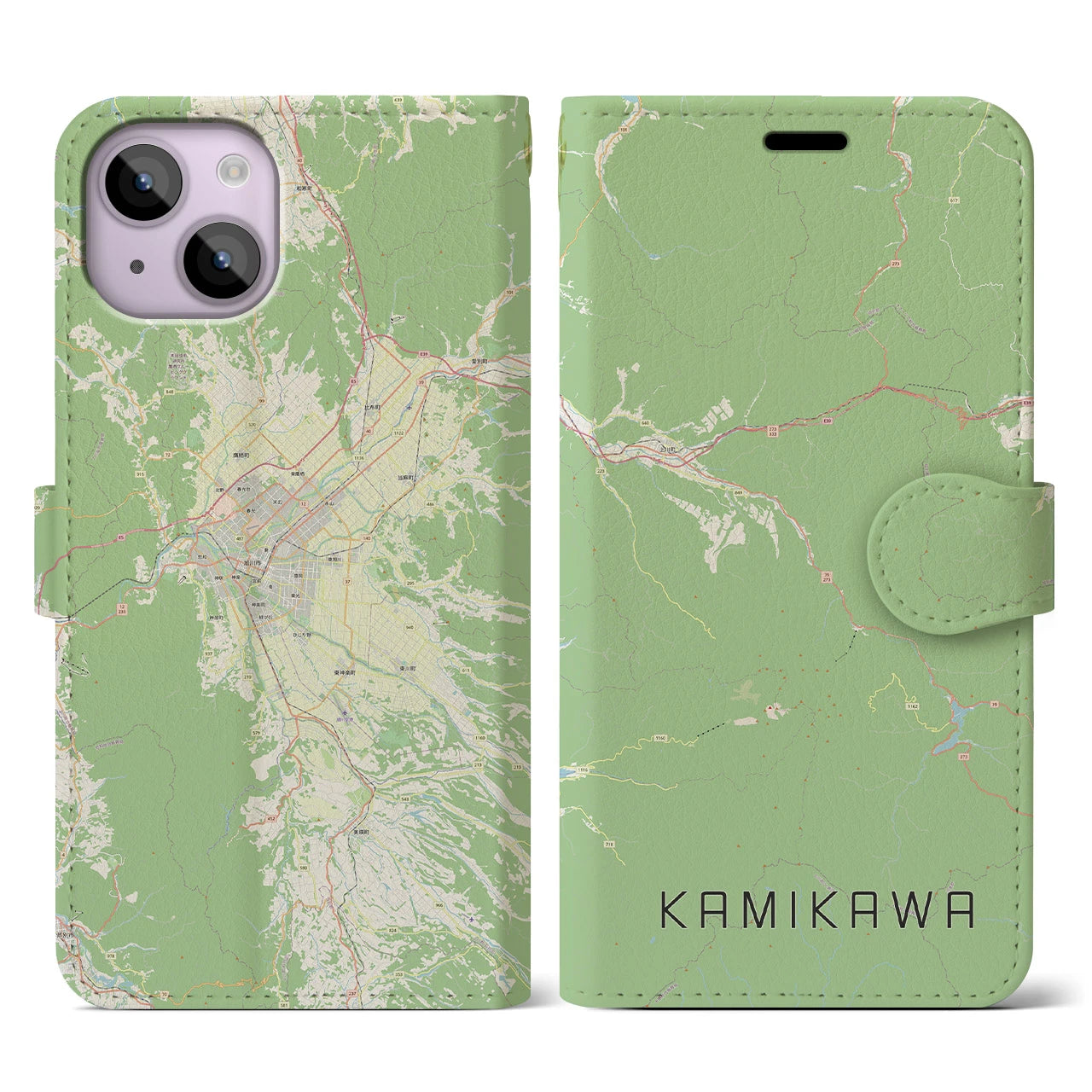 【上川(北海道)】地図柄iPhoneケース(手帳タイプ)ナチュラル・iPhone 14 用