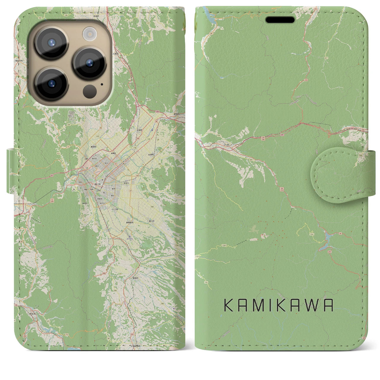 【上川(北海道)】地図柄iPhoneケース(手帳タイプ)ナチュラル・iPhone 14 Pro Max 用