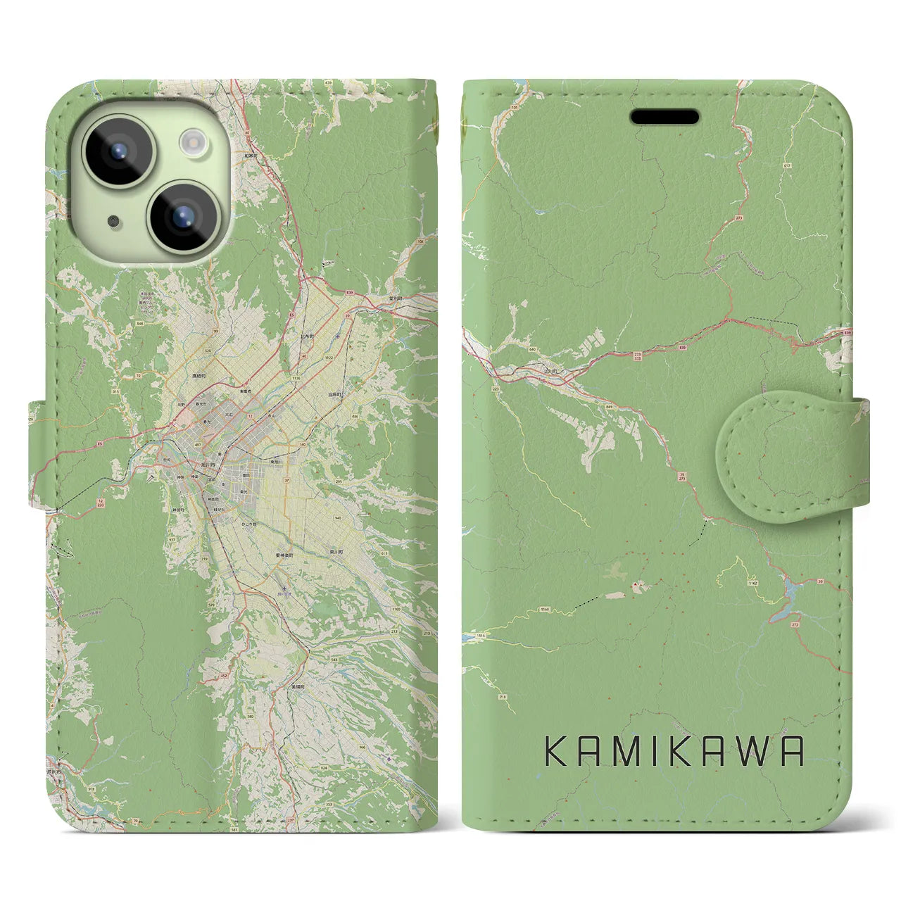 【上川(北海道)】地図柄iPhoneケース(手帳タイプ)ナチュラル・iPhone 15 用