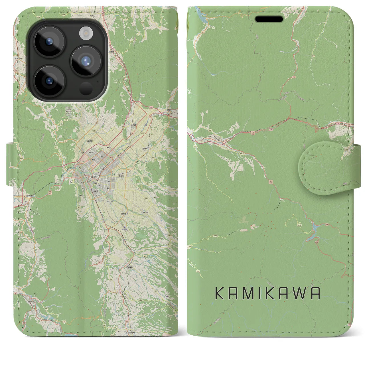 【上川(北海道)】地図柄iPhoneケース(手帳タイプ)ナチュラル・iPhone 15 Pro Max 用