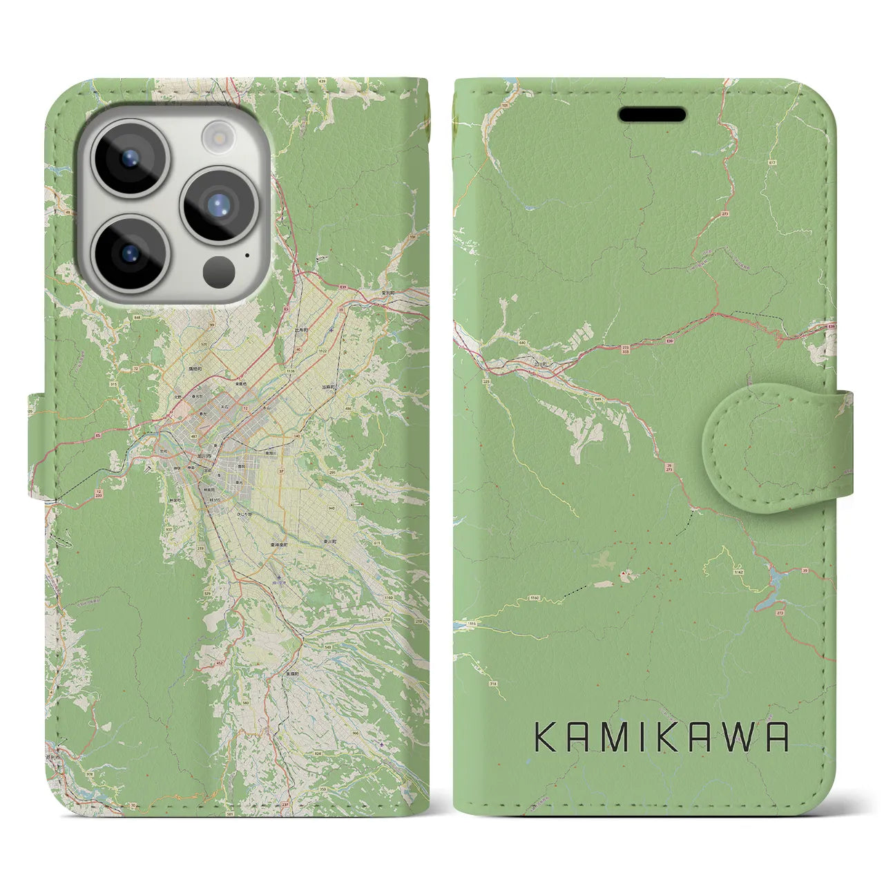 【上川(北海道)】地図柄iPhoneケース(手帳タイプ)ナチュラル・iPhone 15 Pro 用