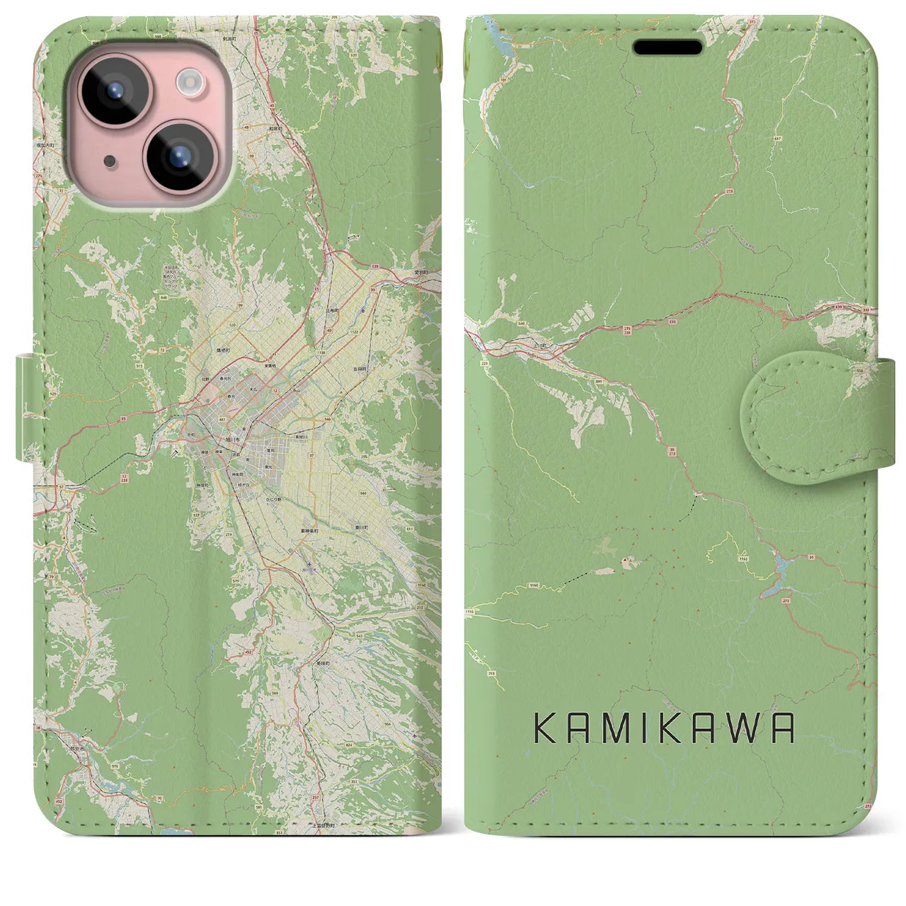 【上川(北海道)】地図柄iPhoneケース(手帳タイプ)ナチュラル・iPhone 15 Plus 用