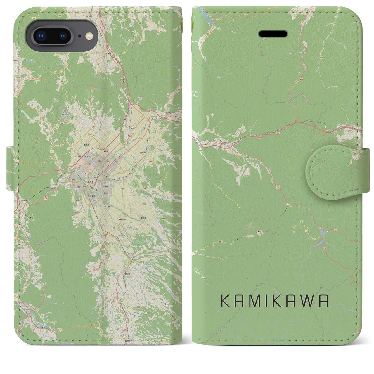 【上川(北海道)】地図柄iPhoneケース(手帳タイプ)ナチュラル・iPhone 8Plus /7Plus / 6sPlus / 6Plus 用