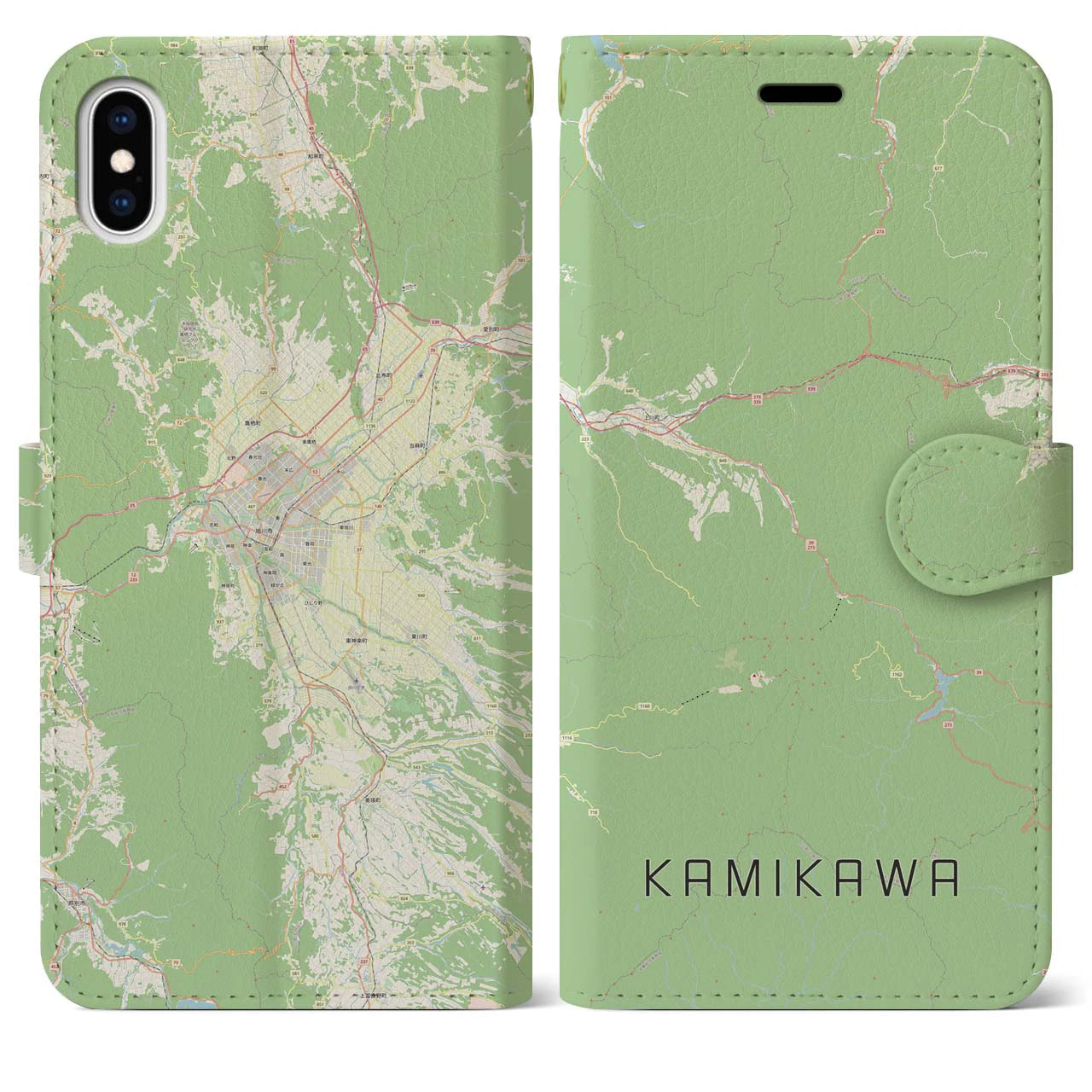 【上川(北海道)】地図柄iPhoneケース(手帳タイプ)ナチュラル・iPhone XS Max 用