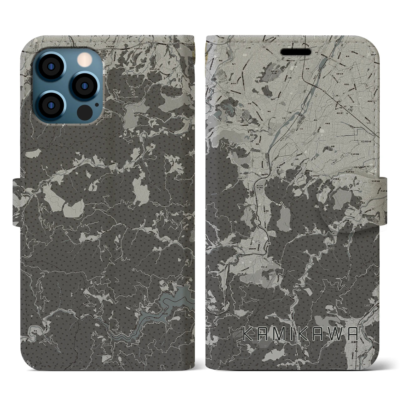 【神川(埼玉県)】地図柄iPhoneケース(手帳タイプ)モノトーン・iPhone 12 / 12 Pro 用