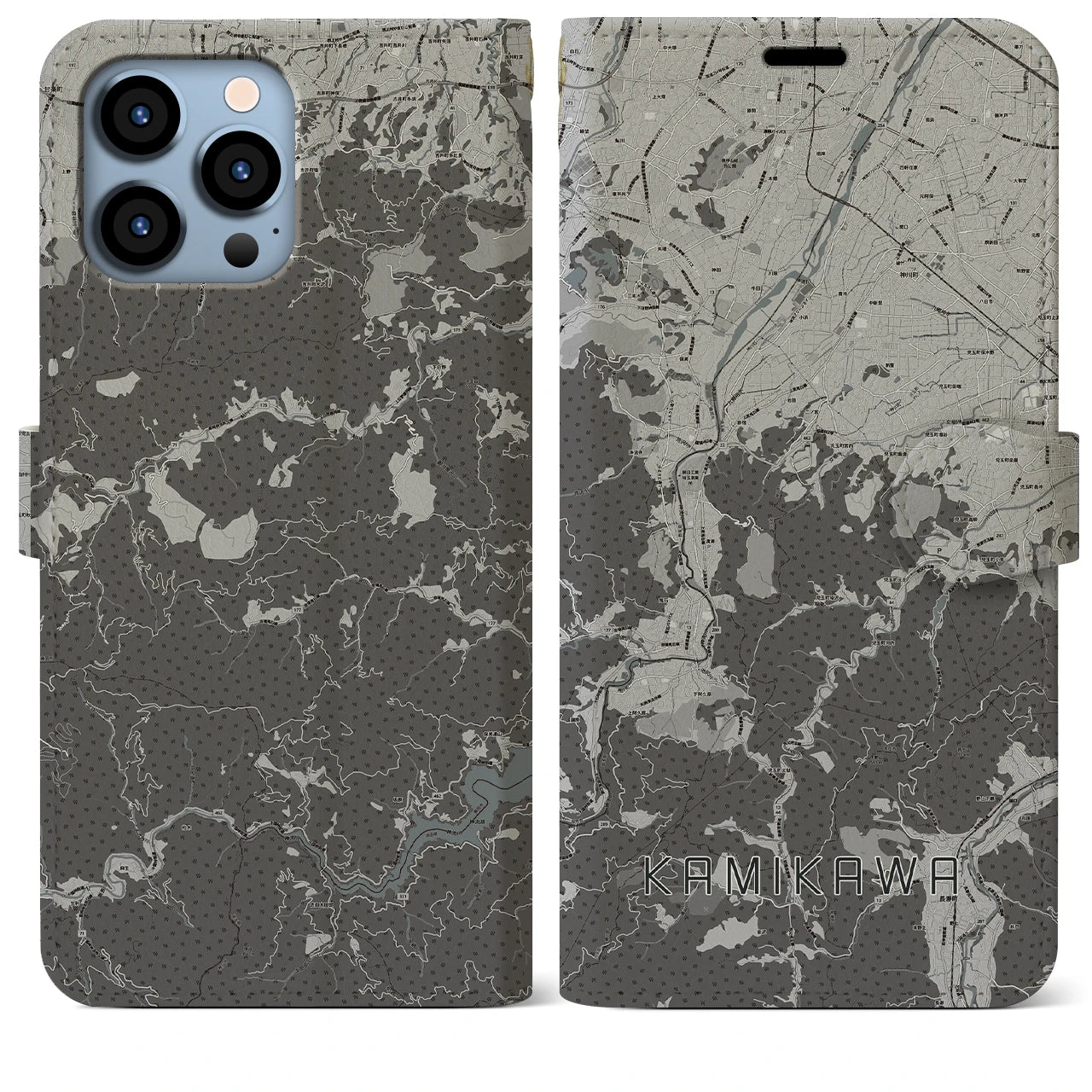 【神川(埼玉県)】地図柄iPhoneケース(手帳タイプ)モノトーン・iPhone 13 Pro Max 用