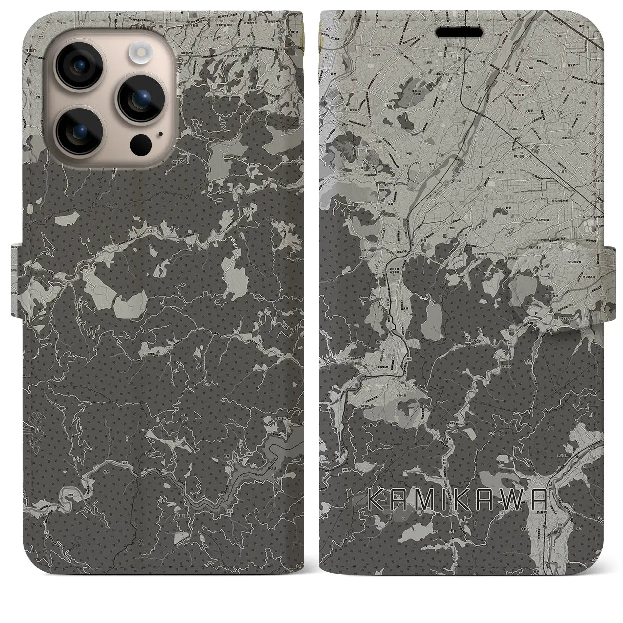 【神川(埼玉県)】地図柄iPhoneケース(手帳タイプ)モノトーン・iPhone 16 Plus 用