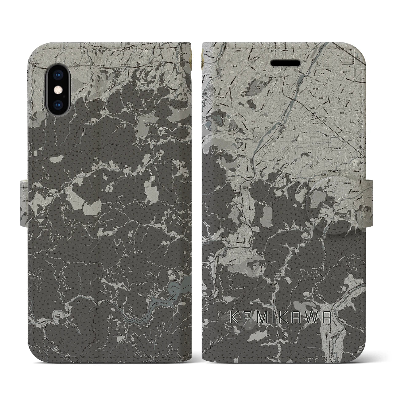 【神川(埼玉県)】地図柄iPhoneケース(手帳タイプ)モノトーン・iPhone XS / X 用