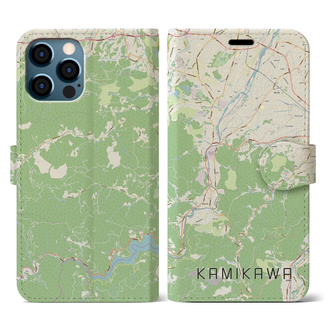 【神川(埼玉県)】地図柄iPhoneケース(手帳タイプ)ナチュラル・iPhone 12 / 12 Pro 用