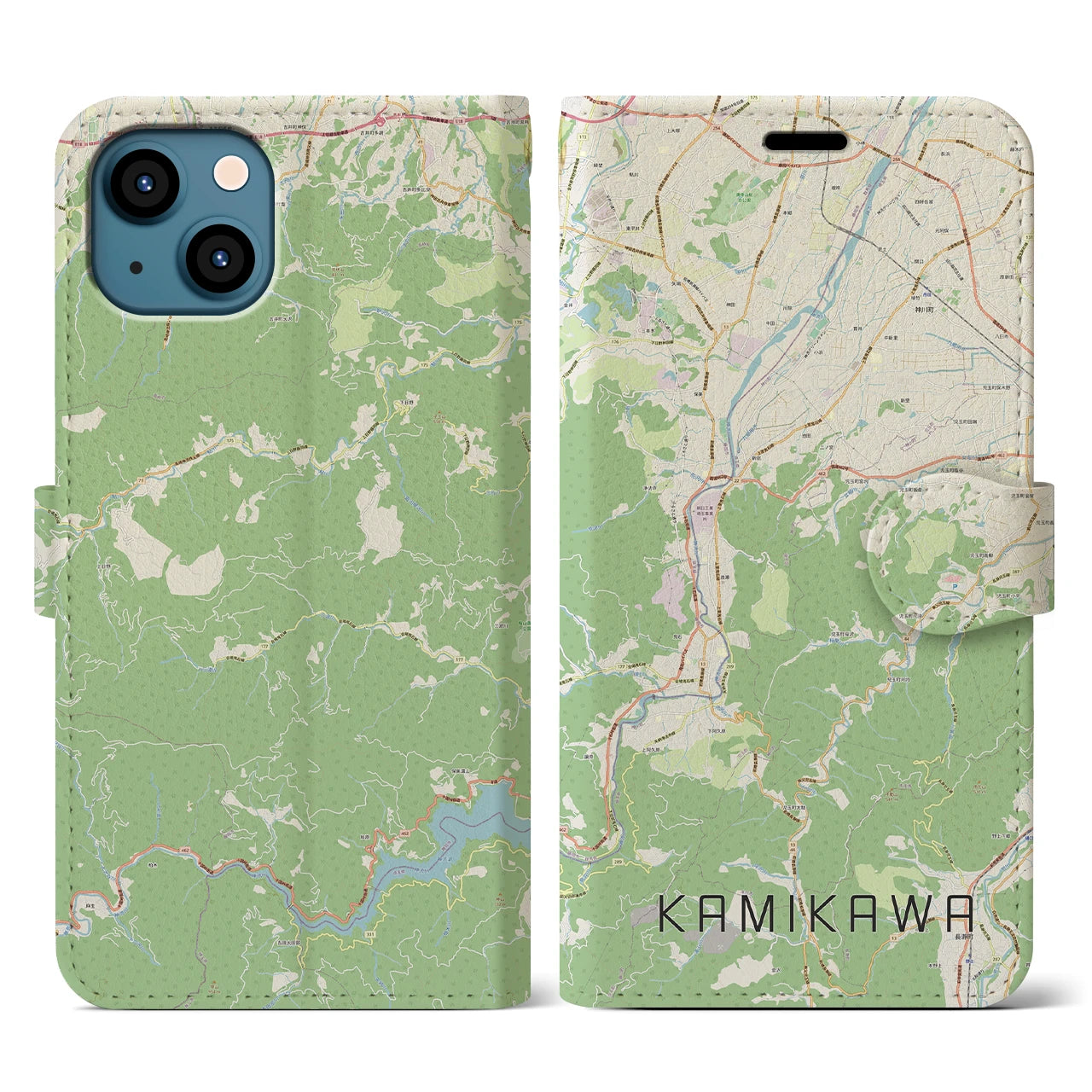 【神川(埼玉県)】地図柄iPhoneケース(手帳タイプ)ナチュラル・iPhone 13 用