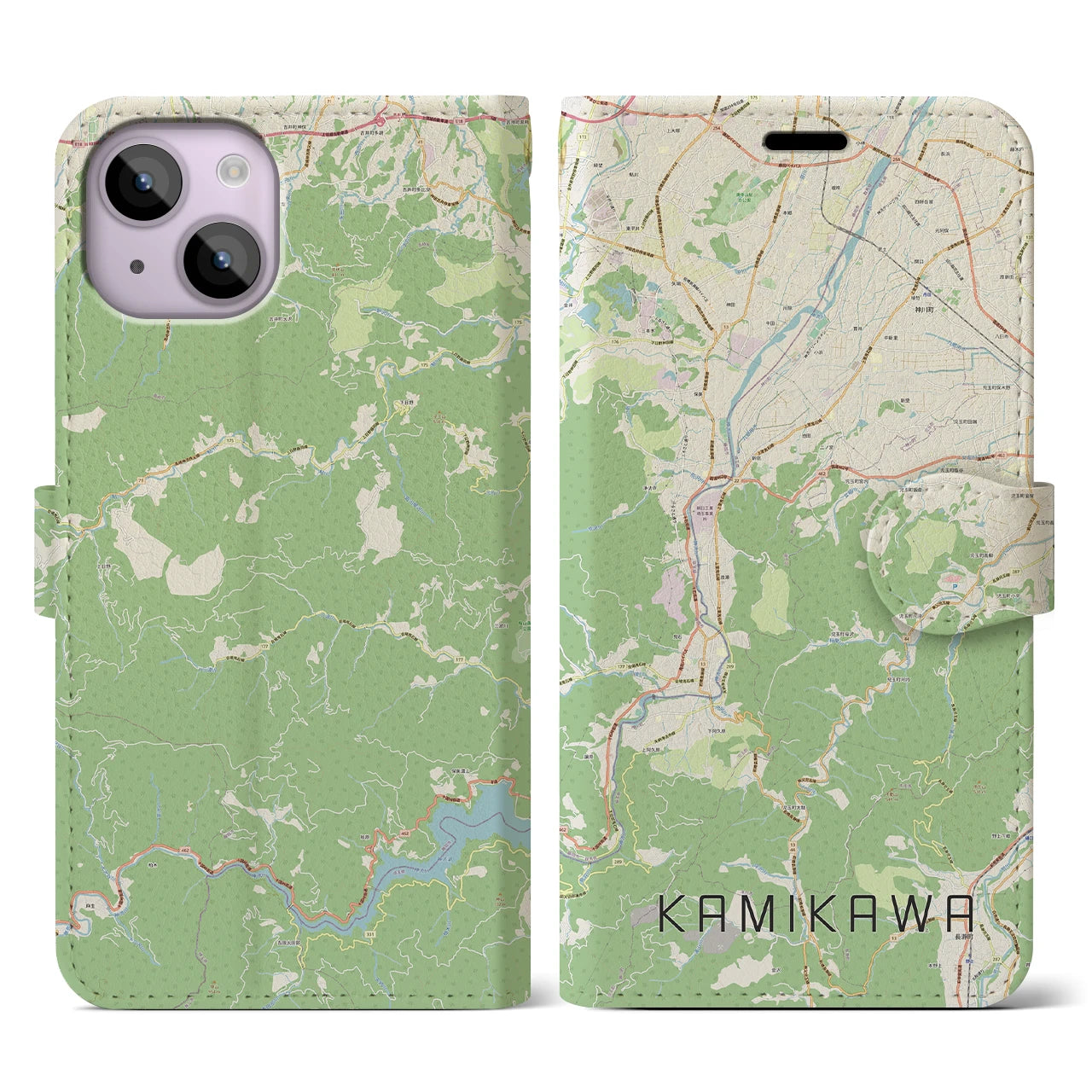 【神川(埼玉県)】地図柄iPhoneケース(手帳タイプ)ナチュラル・iPhone 14 用