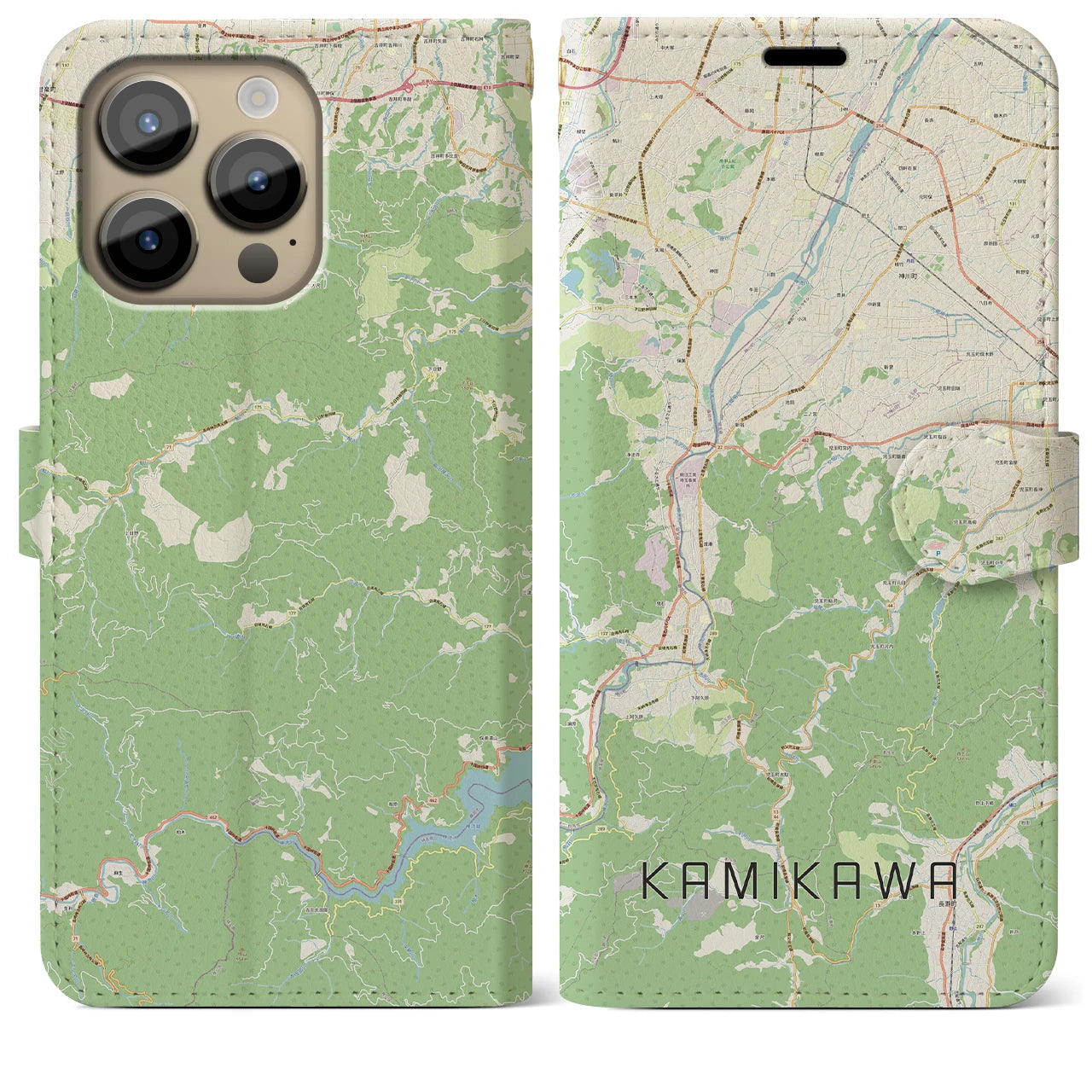 【神川(埼玉県)】地図柄iPhoneケース(手帳タイプ)ナチュラル・iPhone 14 Pro Max 用