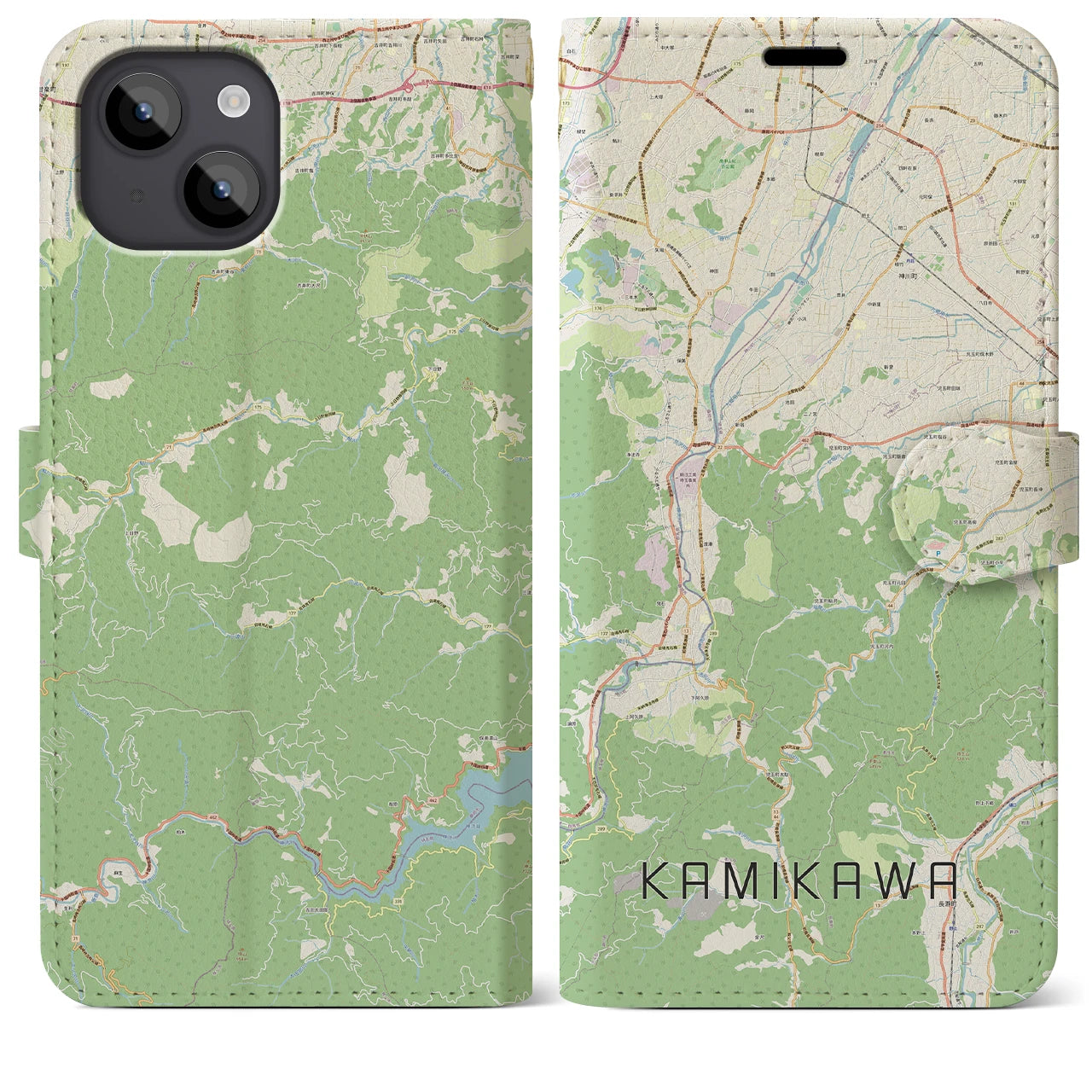 【神川(埼玉県)】地図柄iPhoneケース(手帳タイプ)ナチュラル・iPhone 14 Plus 用