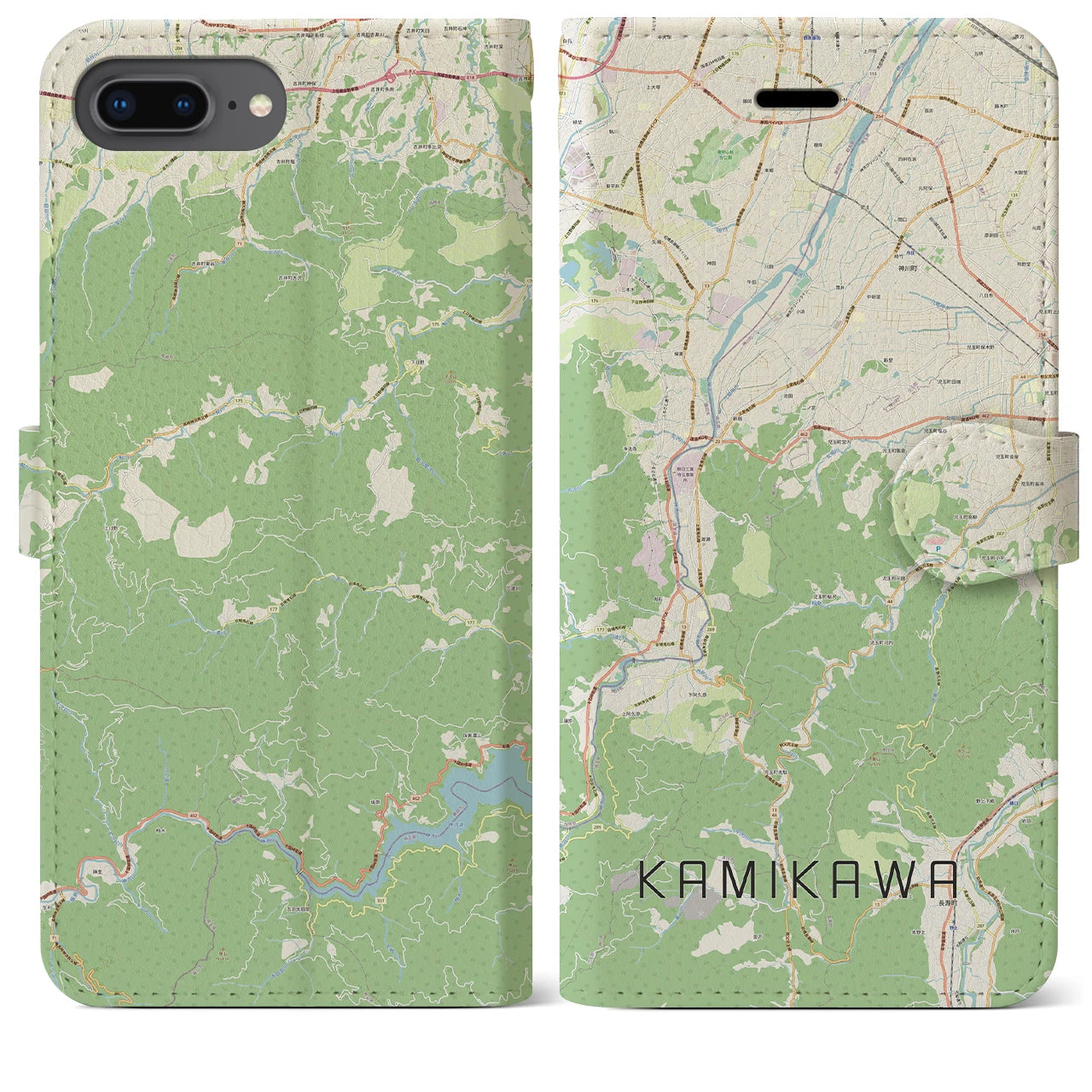 【神川(埼玉県)】地図柄iPhoneケース(手帳タイプ)ナチュラル・iPhone 8Plus /7Plus / 6sPlus / 6Plus 用