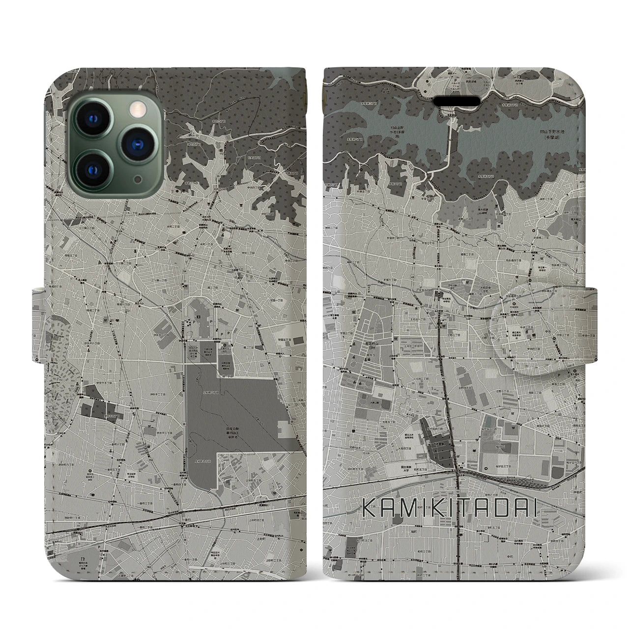 【上北台(東京都)】地図柄iPhoneケース(手帳タイプ)モノトーン・iPhone 11 Pro 用